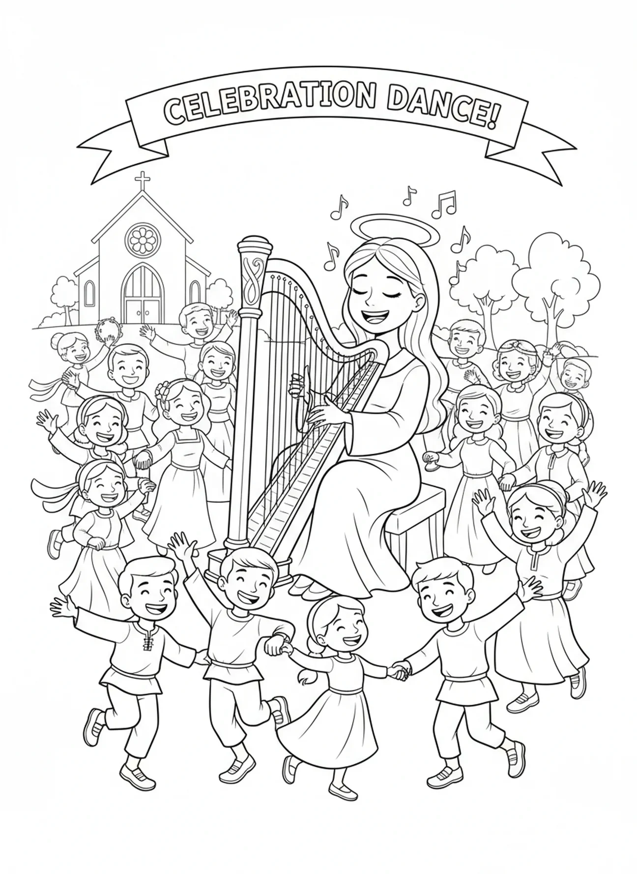 Cecilia tocando para la multitud, página para colorear de Santa Cecilia para niños de 5 a 10 años.