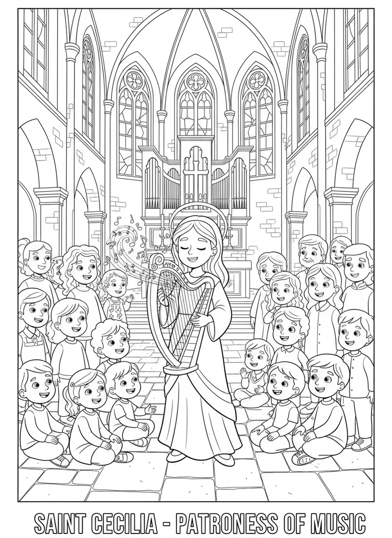 Cecilia en la iglesia, página para colorear de Santa Cecilia para niños de 5 a 10 años.
