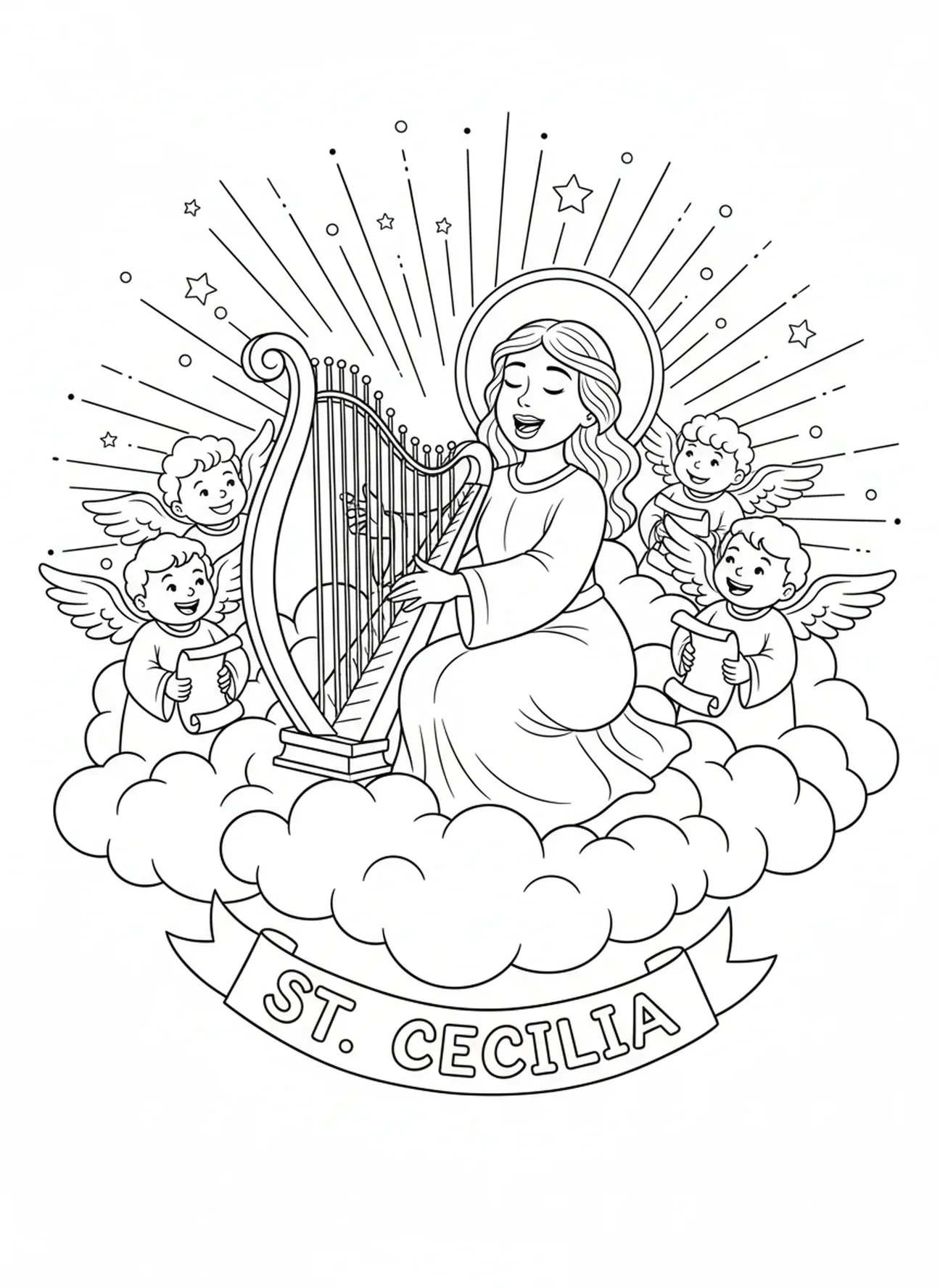 Cecilia en el cielo, página para colorear de Santa Cecilia para niños de 5 a 10 años.