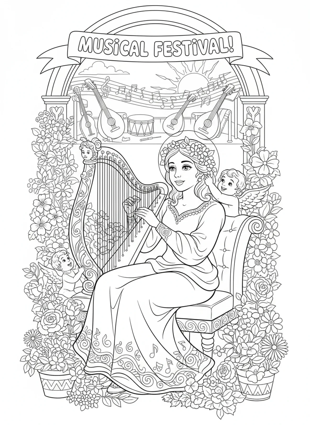 Cecilia preparando su arpa, página para colorear de Santa Cecilia para niños de 5 a 10 años.