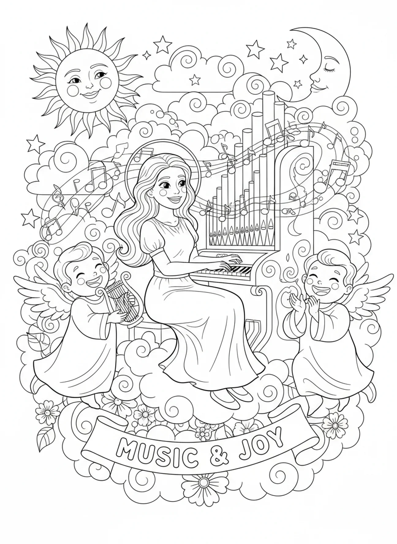 Cecilia con dos ángeles, página para colorear de Santa Cecilia para niños de 5 a 10 años.