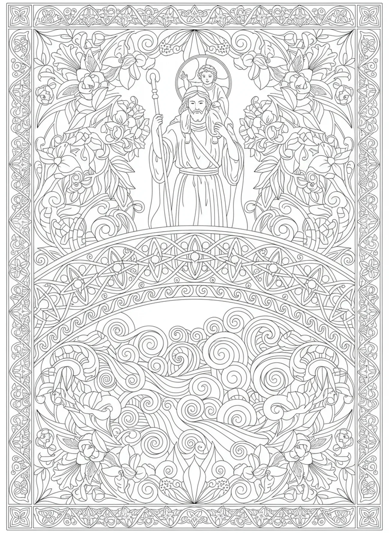 Saint Christophe traversant un pont orné, page à colorier Saint Christophe pour adultes dans le style du journal biblique.