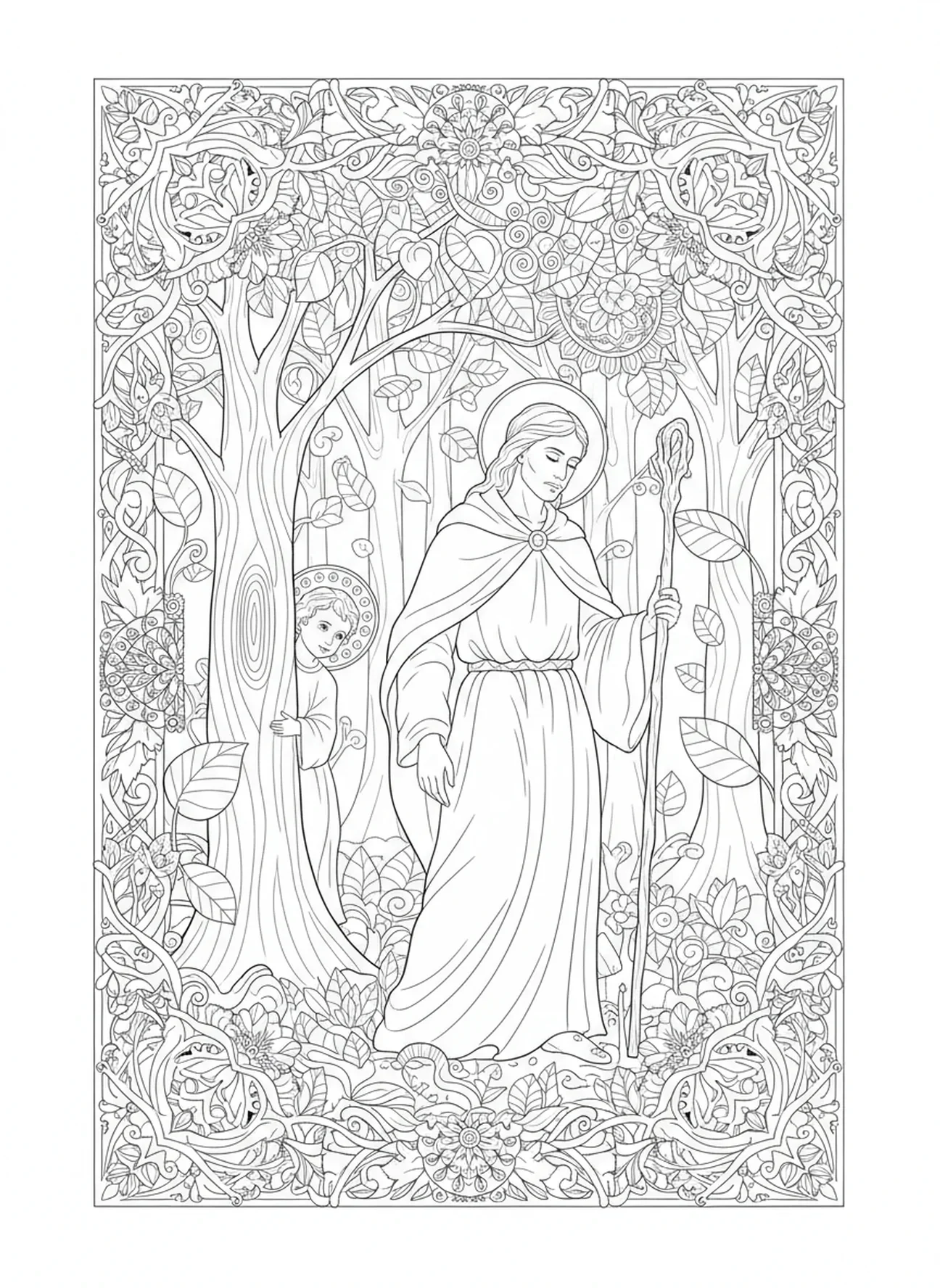 Saint Christophe dans une forêt luxuriante, page à colorier Saint Christophe pour le journaling biblique pour adultes.
