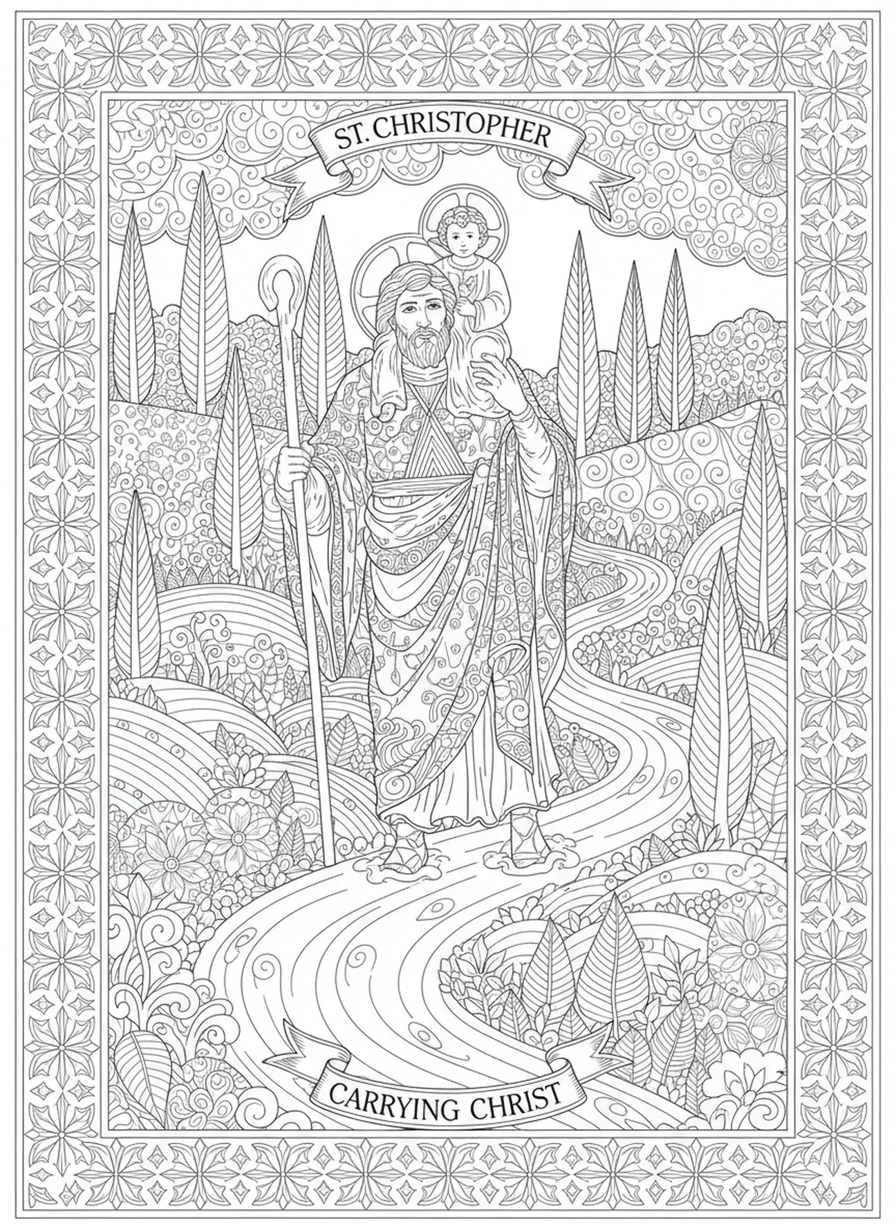 Saint Christophe sur un chemin sinueux, page à colorier Saint Christophe pour adultes dans le style du journal biblique.