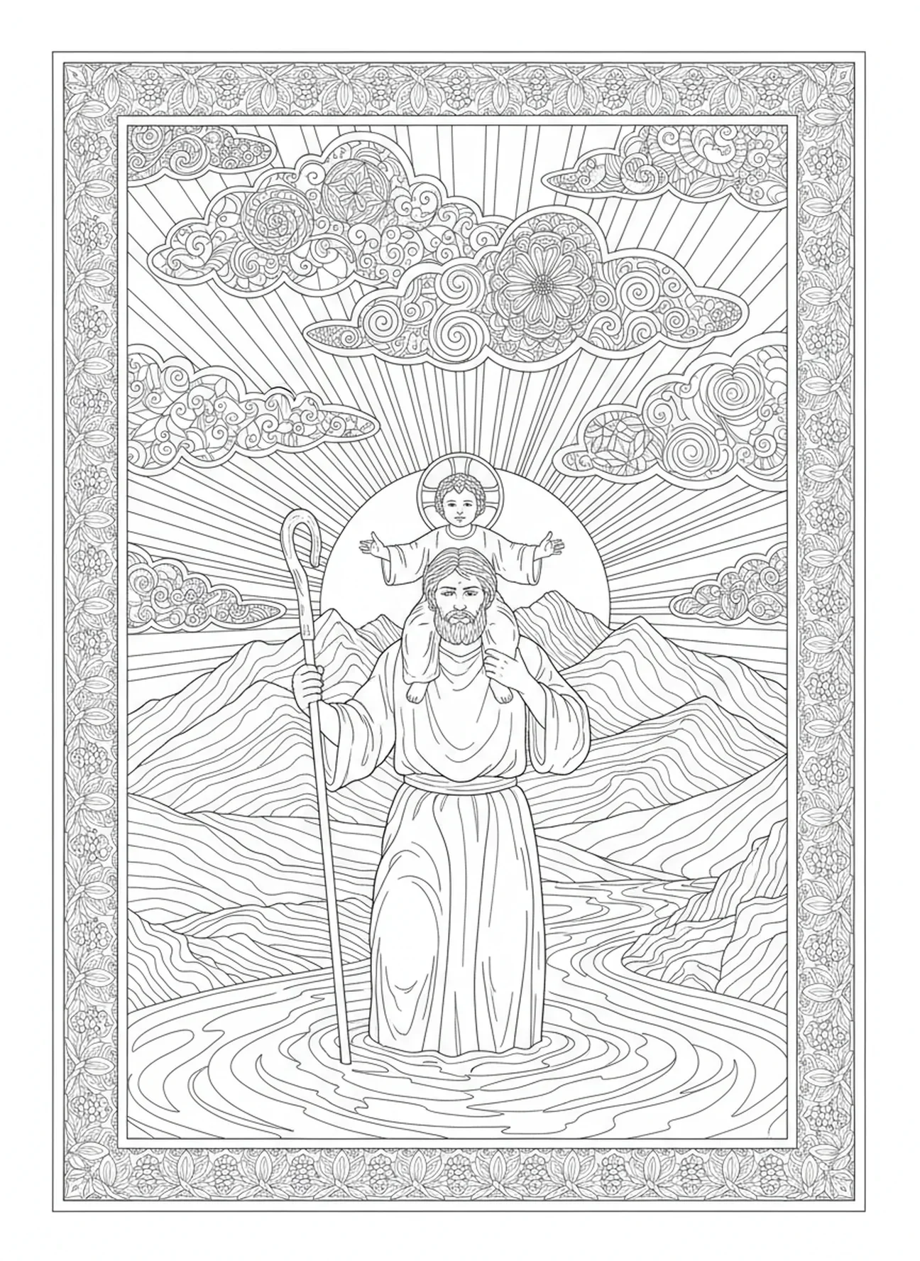 Saint Christophe près des montagnes, page à colorier Saint Christophe pour adultes dans le style du journal biblique.