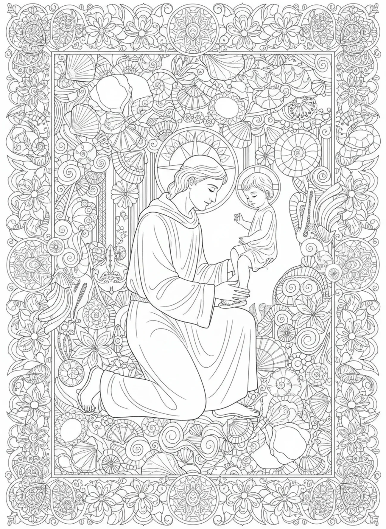 Saint Christophe aidant avec des sandales, page à colorier Saint Christophe pour adultes dans un style de journal biblique.