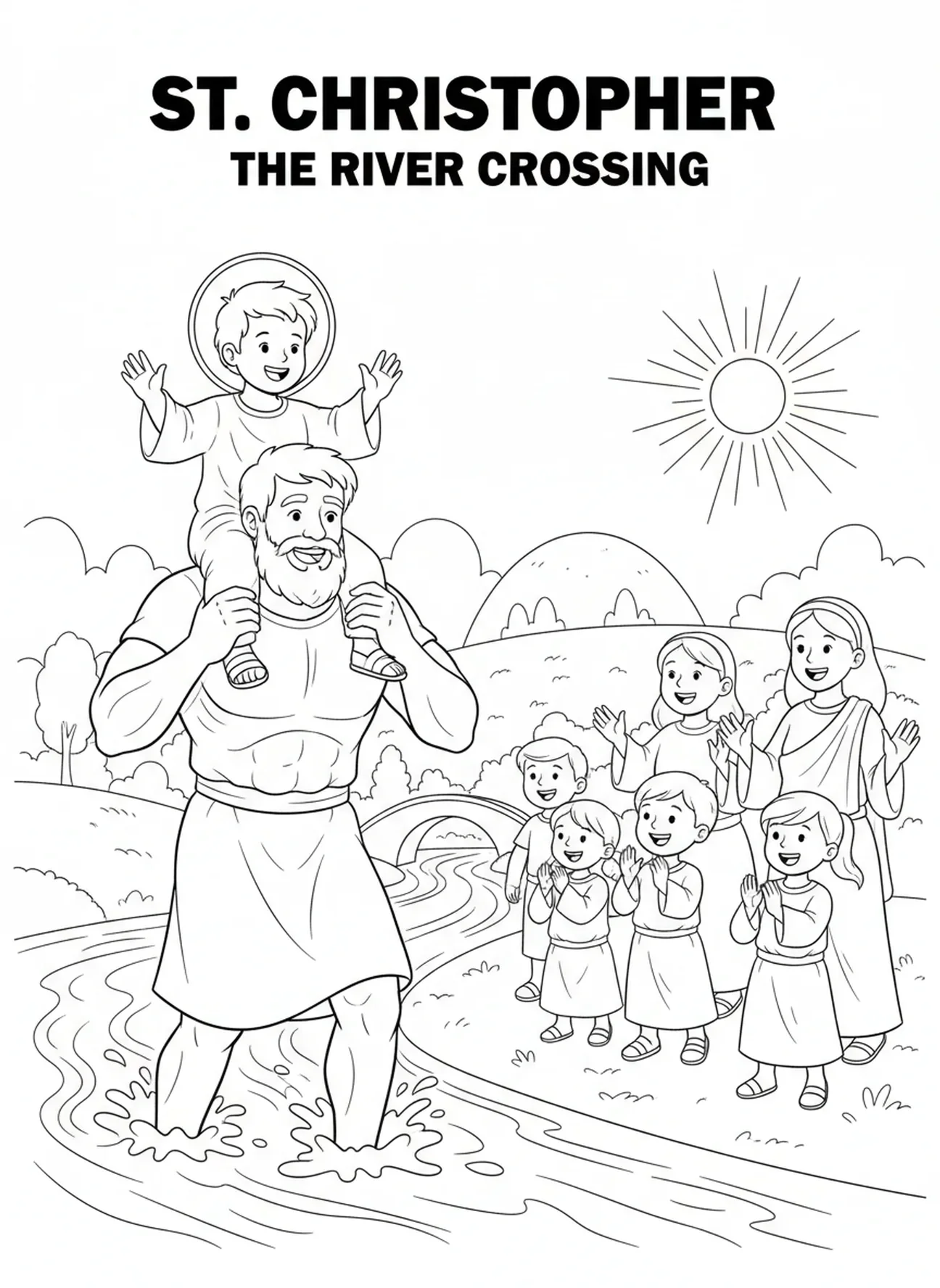 Menschenmenge beobachtet den Hl. Christophorus, Ausmalbild vom Hl. Christophorus für Kinder im Alter von 5-10 Jahren