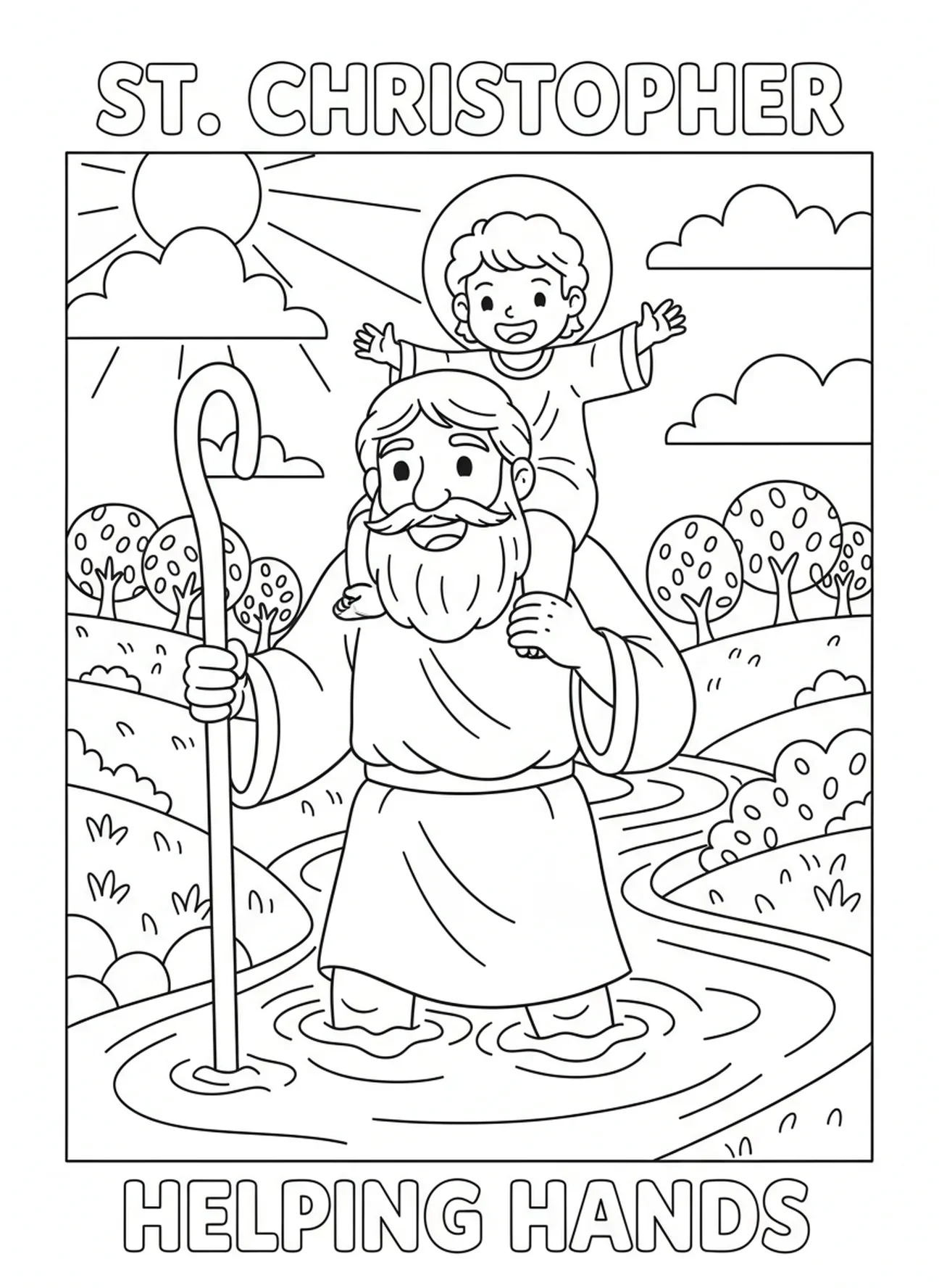 Der heilige Christophorus mit Jesus, Ausmalbild für Kinder im Alter von 5-10 Jahren