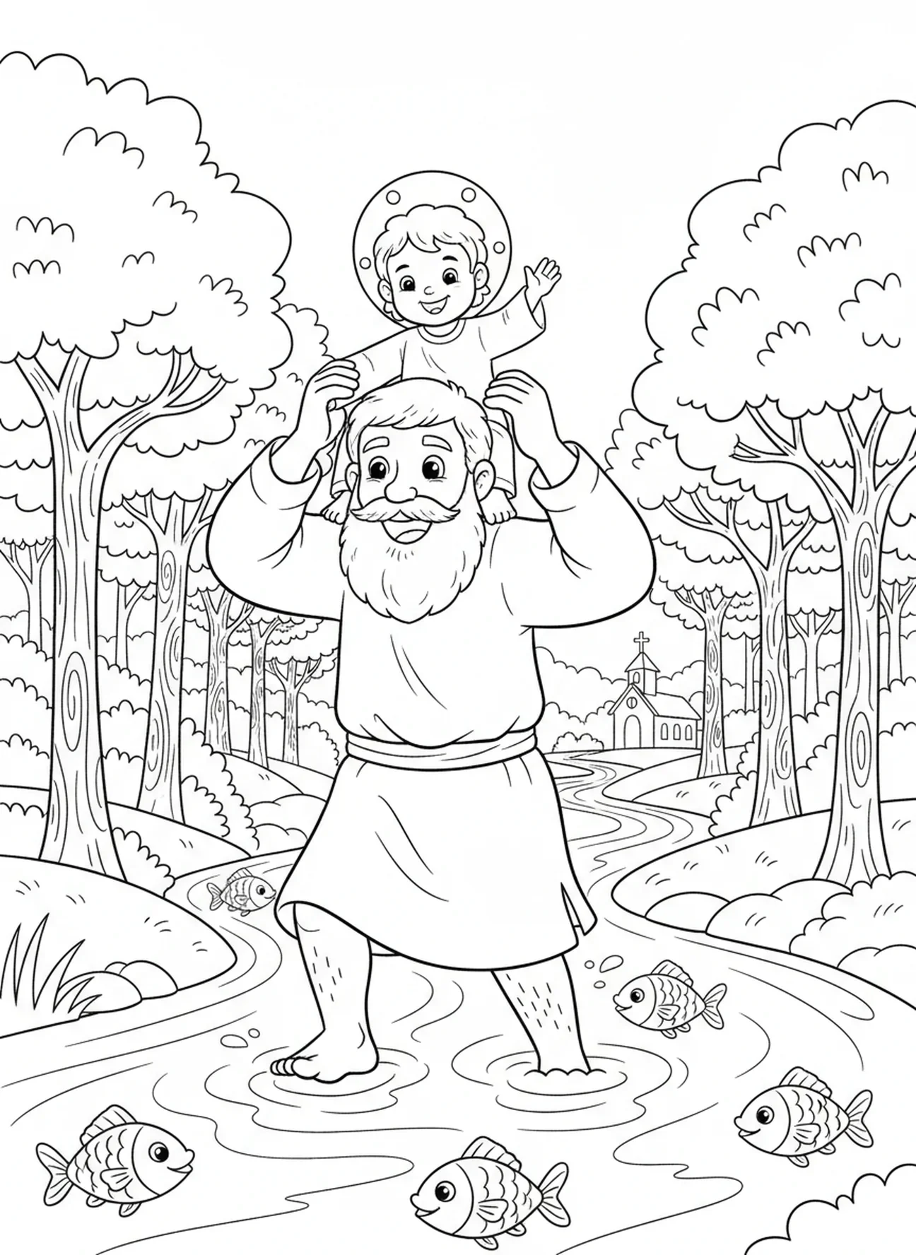 Der heilige Christophorus im Fluss, Ausmalbild für Kinder im Alter von 5-10 Jahren