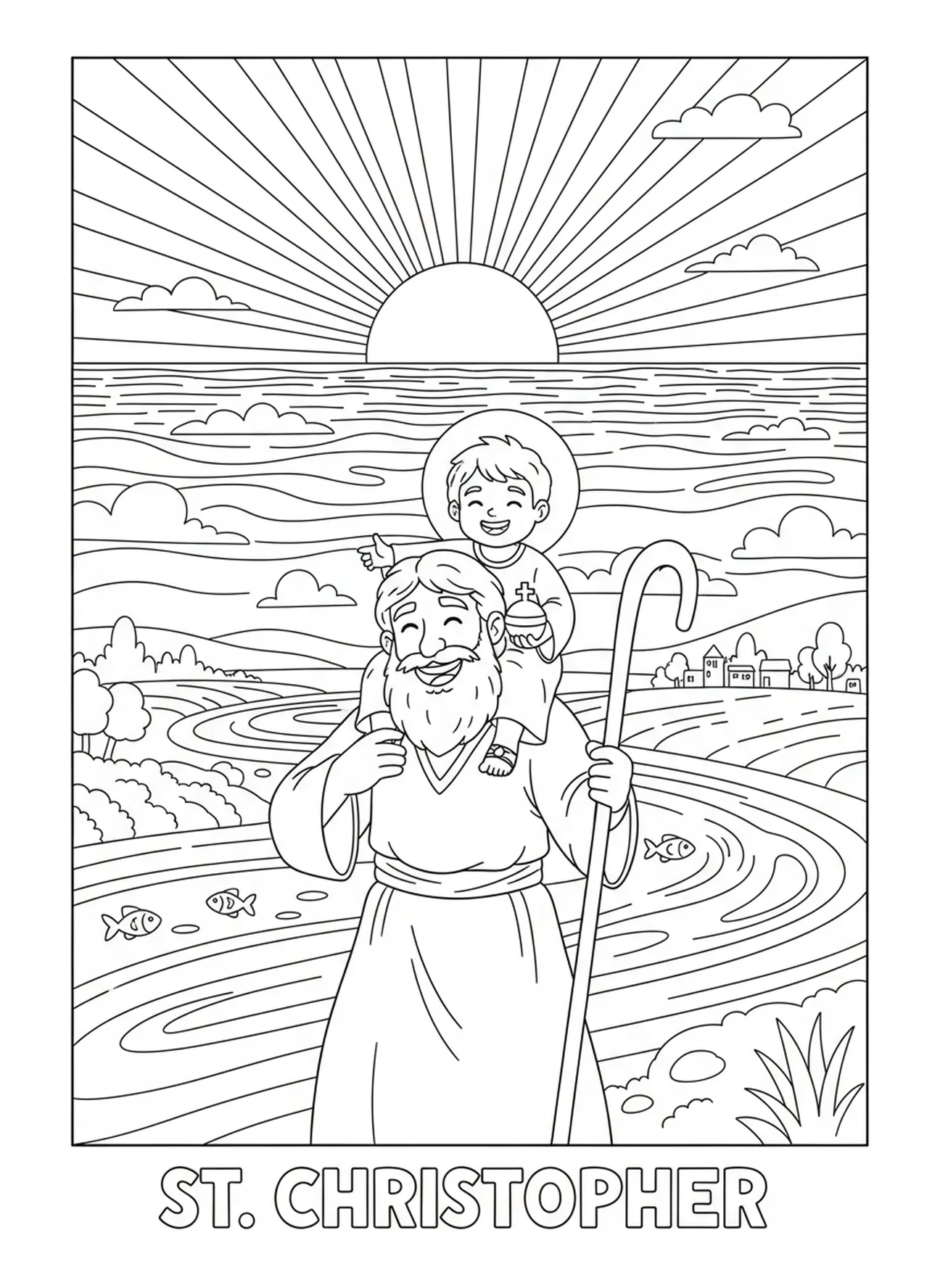 Der heilige Christophorus bei Sonnenuntergang, Ausmalbild für Kinder im Alter von 5-10 Jahren