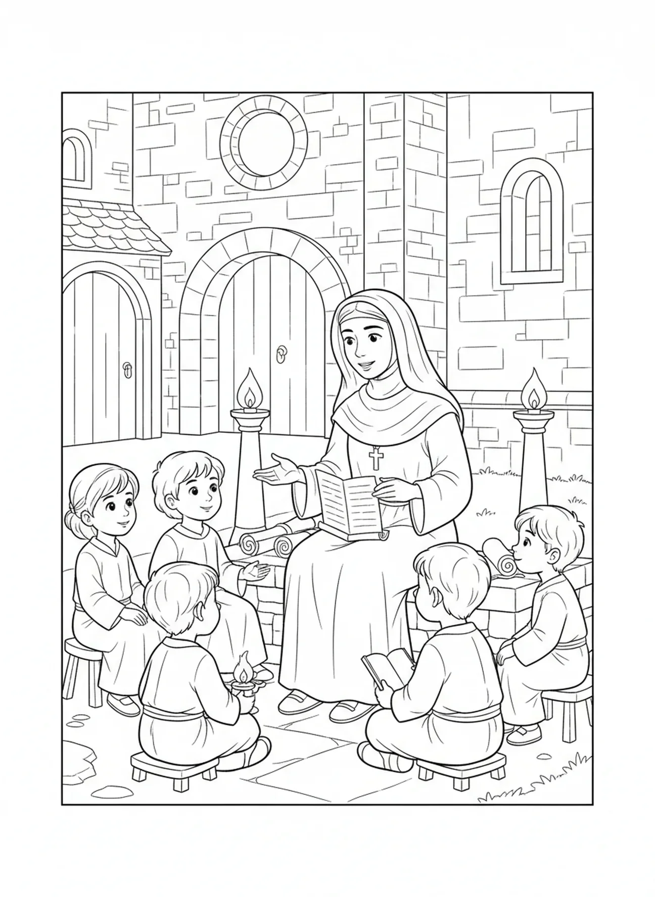 Santa Clara com discípulos, página para colorir de Santa Clara de Assis para crianças da Escola Dominical de 5 a 12 anos.