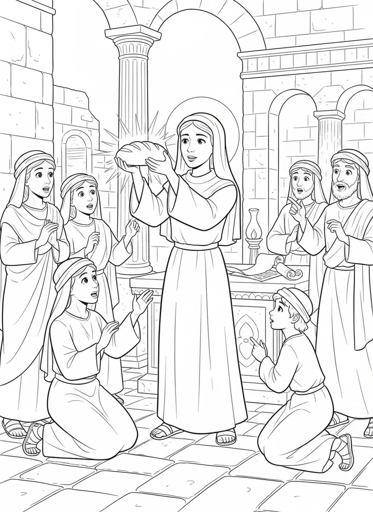Santa Clara realizando um milagre, página de colorir de Santa Clara de Assis para crianças da Escola Dominical de 5 a 12 anos.