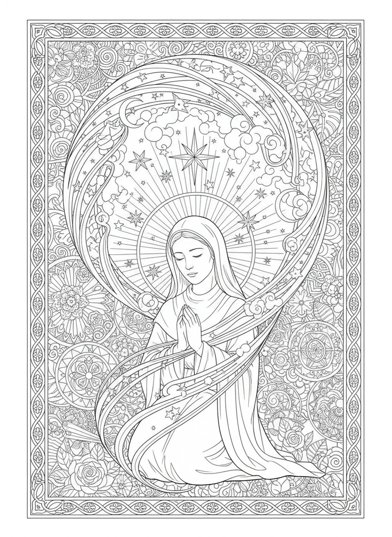 Sainte Claire ayant une vision, page à colorier pour adultes dans le style du journal biblique