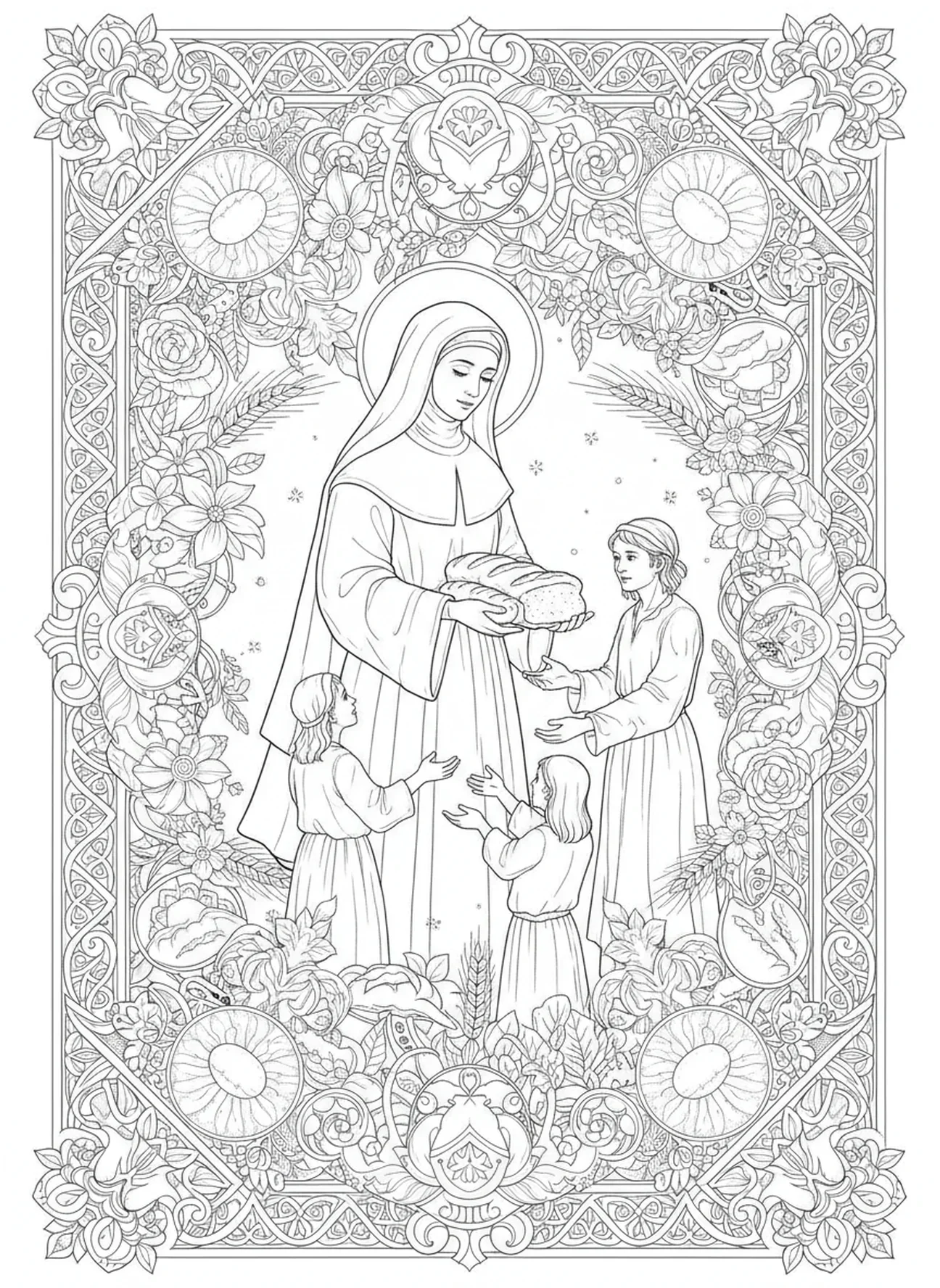 Sainte Claire distribuant du pain, page à colorier Sainte Claire pour le journaling biblique pour adultes