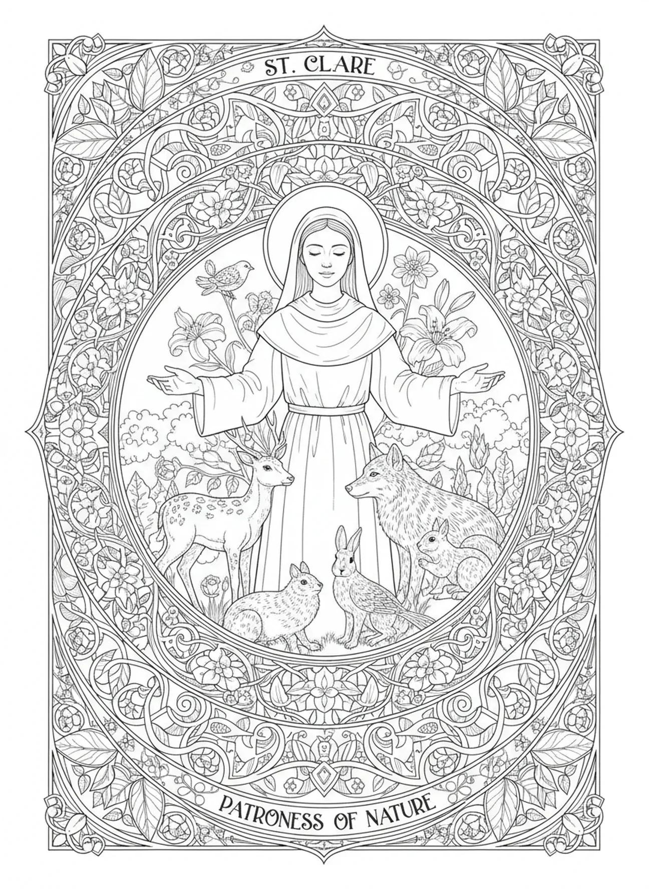 Sainte Claire entourée d'animaux, page à colorier Sainte Claire pour adultes dans un style de journal biblique