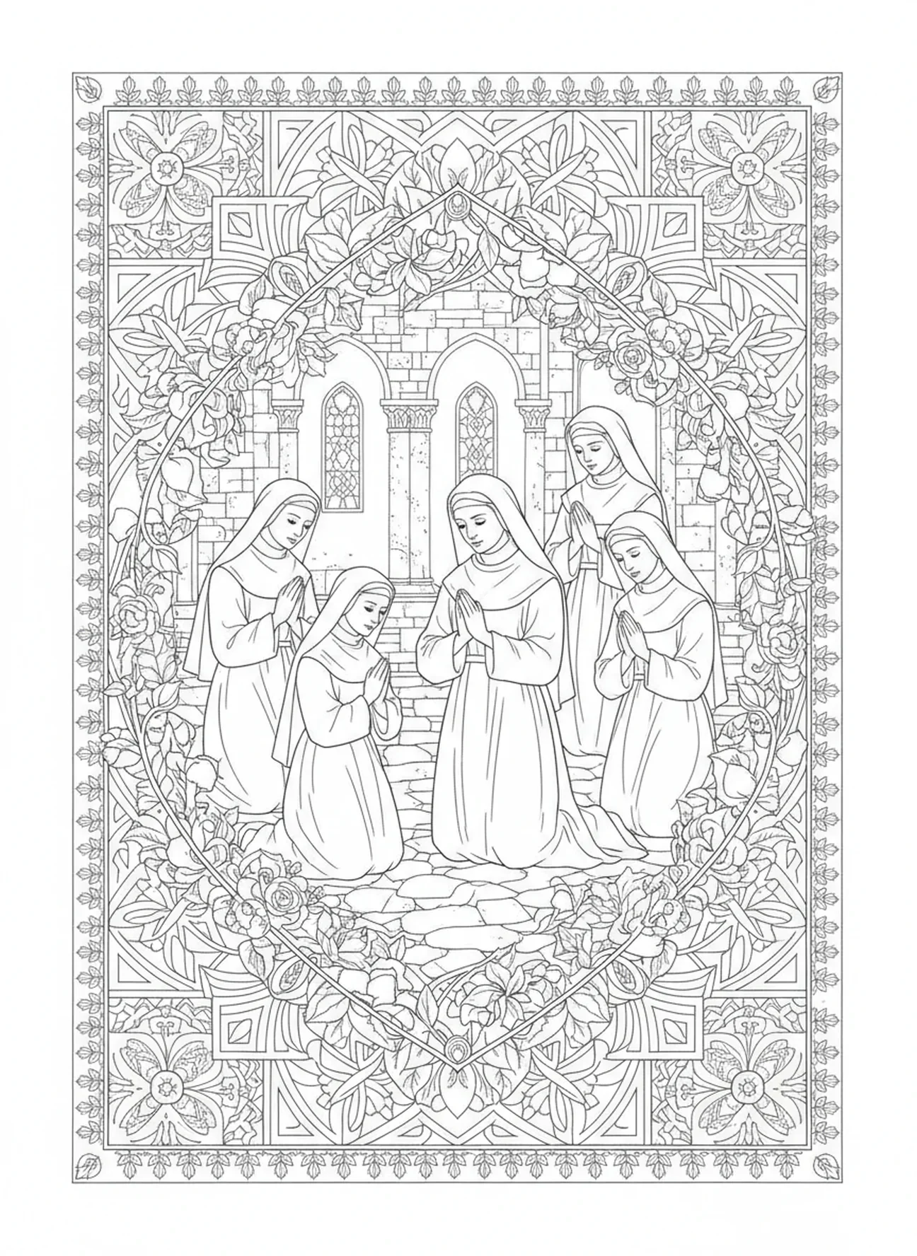 Sainte Claire avec ses sœurs au couvent, page à colorier Sainte Claire pour le journal biblique pour adultes