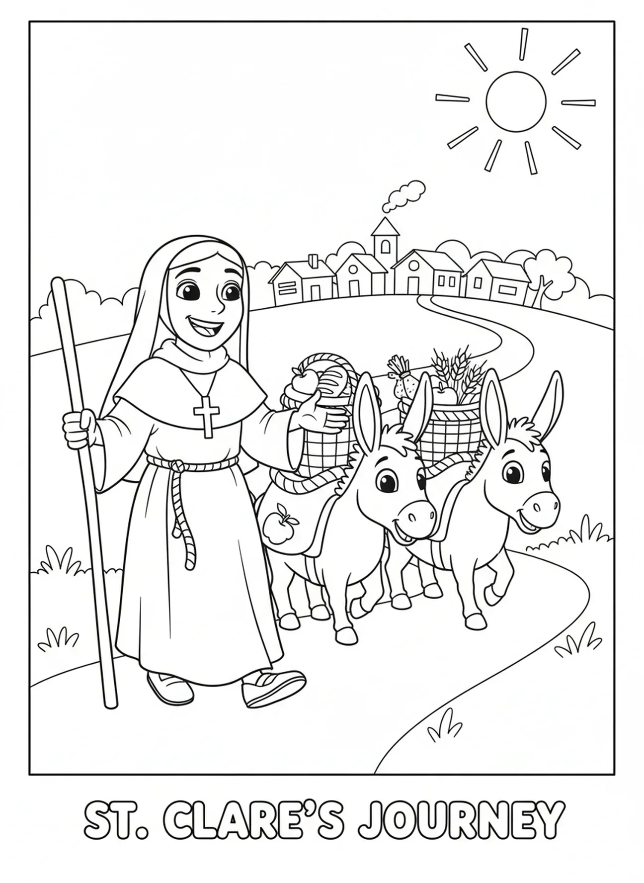 Santa Clara guiando burros, página para colorear de Santa Clara para niños de 5 a 10 años.