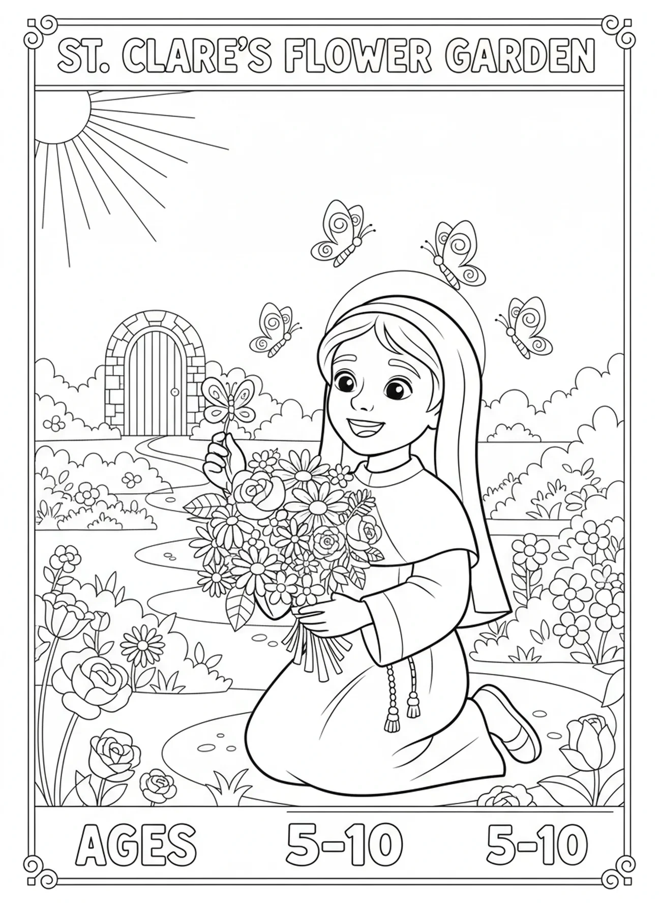 Santa Clara recogiendo flores, página para colorear de Santa Clara para niños de 5 a 10 años.