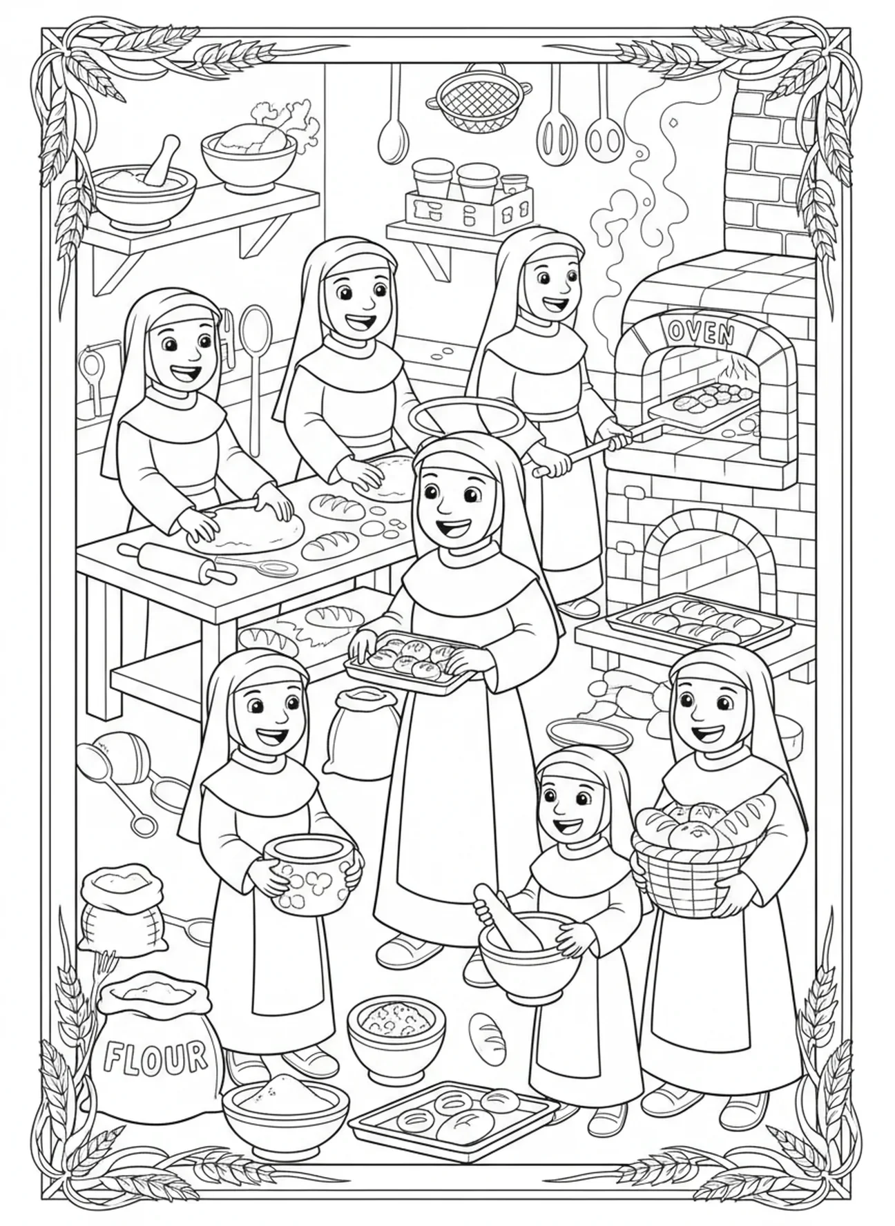 Santa Clara con sus hermanas horneando, página para colorear de Santa Clara para niños de 5 a 10 años.