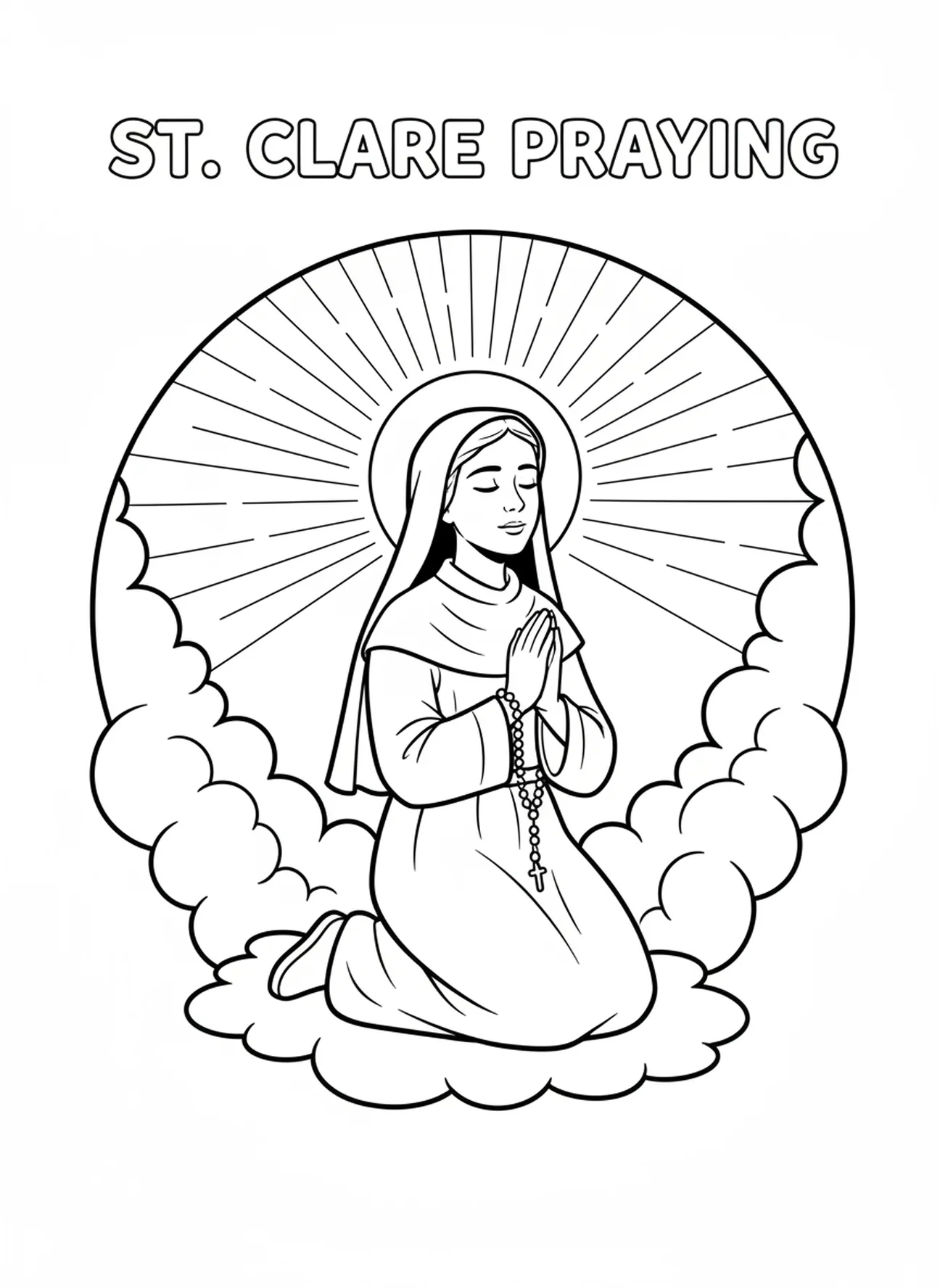 Santa Clara de rodillas en oración, página para colorear de Santa Clara para niños de 5 a 10 años.