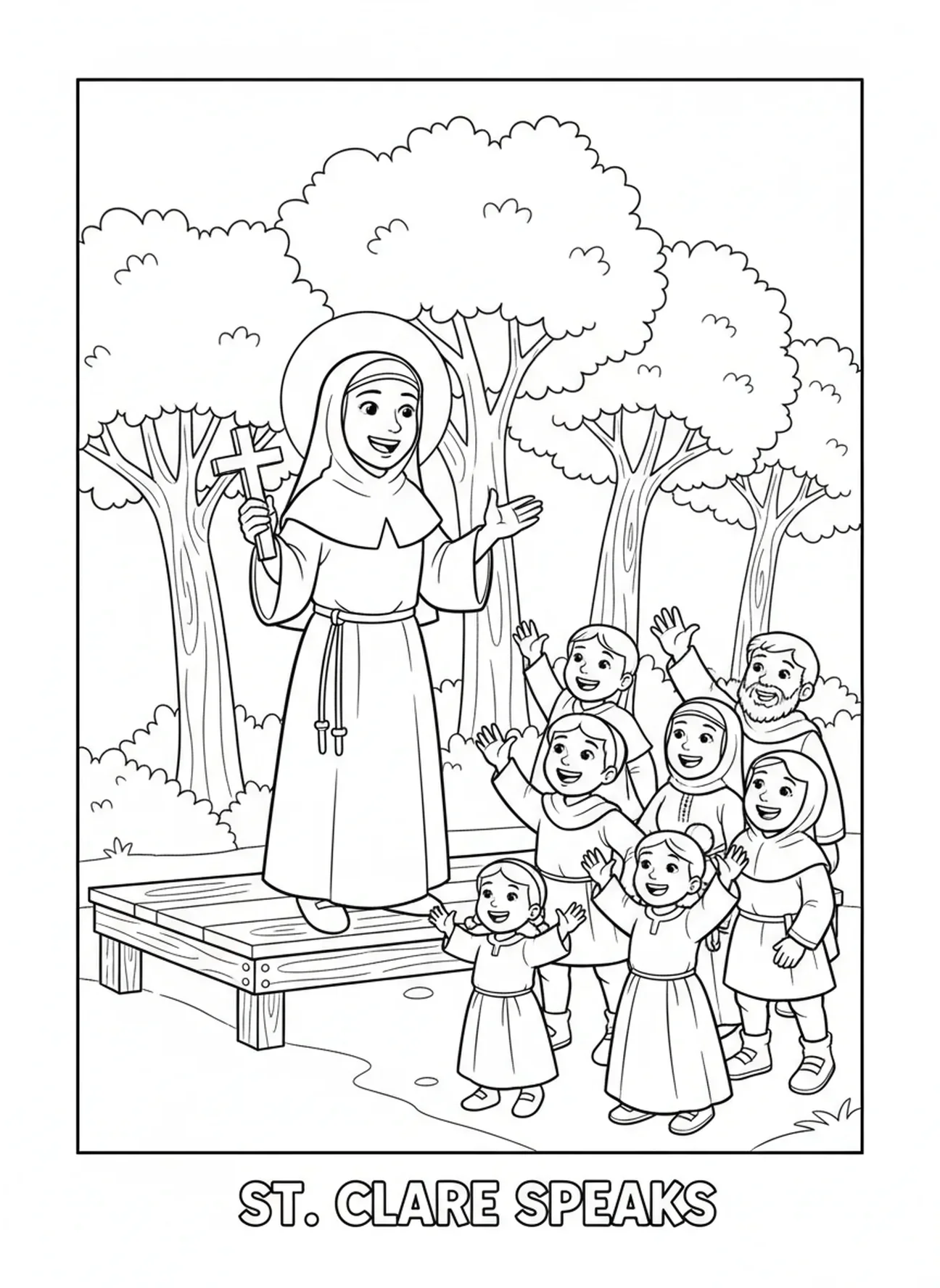 Santa Clara predicando a los aldeanos, página para colorear de Santa Clara para niños de 5 a 10 años.