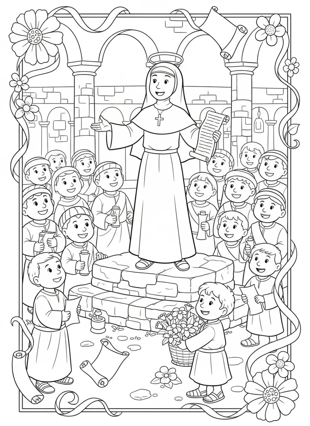 Santa Clara rodeada de aldeanos, página para colorear de Santa Clara para niños de Escuela Dominical de 5 a 12 años.