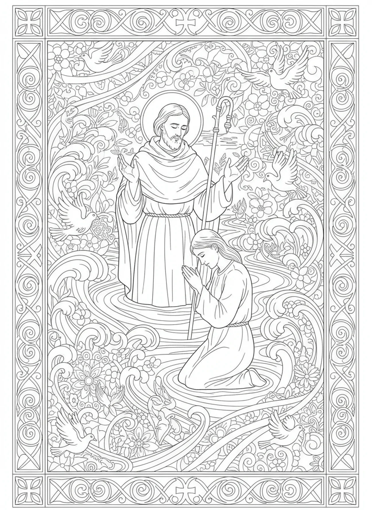 Saint Colombe baptisant, page à colorier Saint Colombe pour adultes dans le style du journal biblique