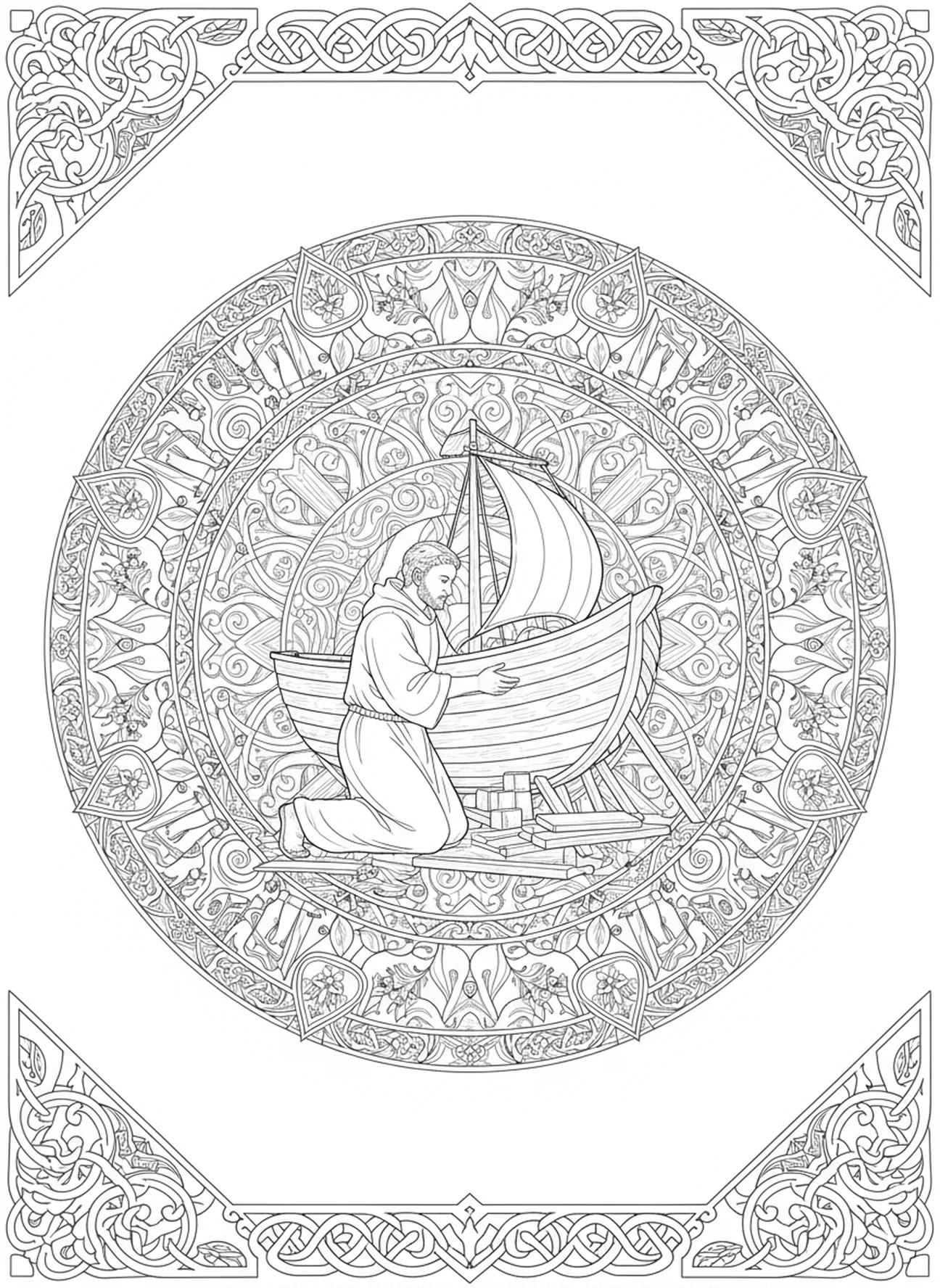 Saint Columba construisant l'arche, page à colorier Saint Columba pour adultes dans le style du journal biblique