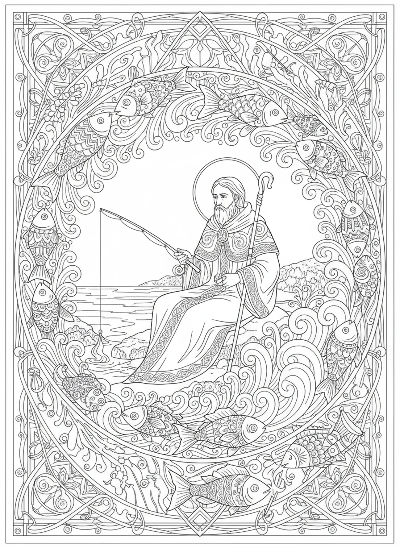 Saint Colombe pêchant au bord de l'eau, page à colorier Saint Colombe pour adultes dans le style du journal biblique