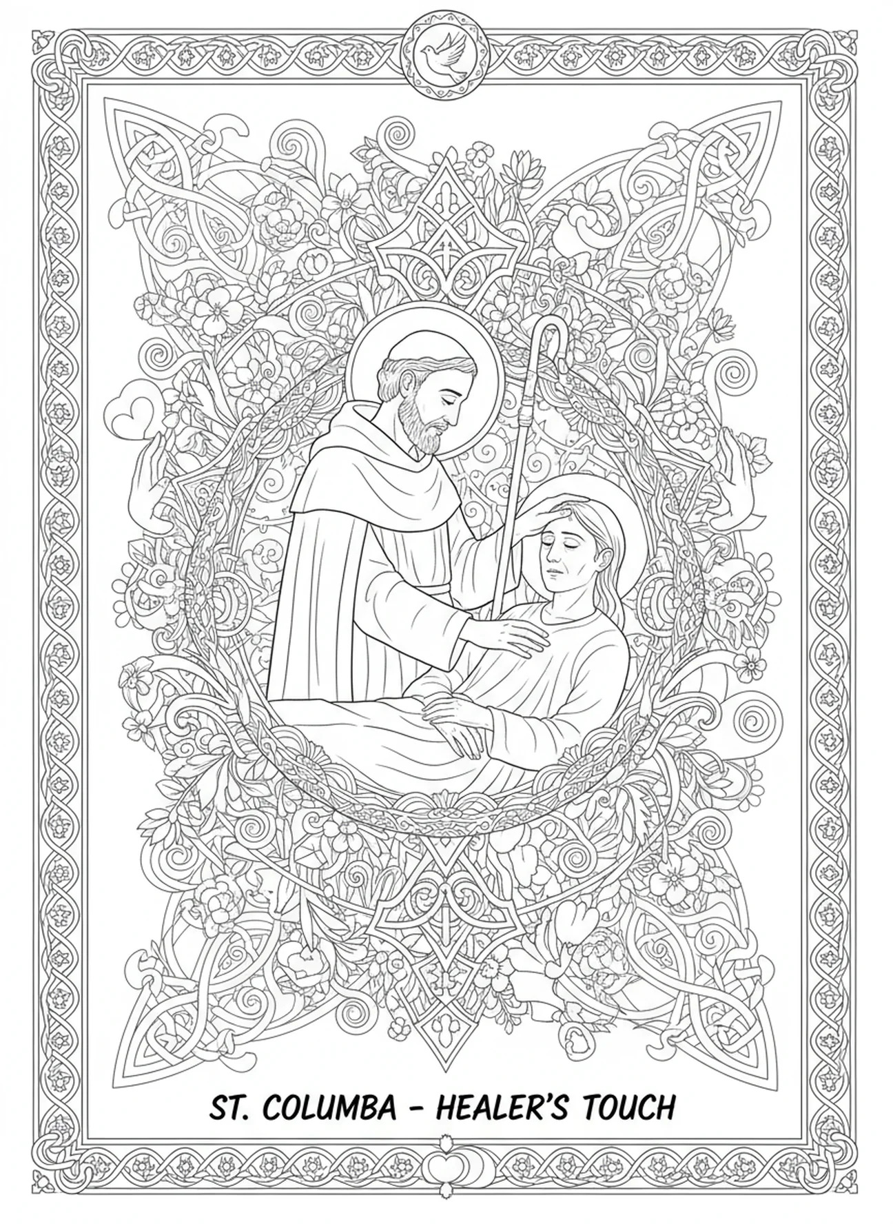 Saint Colombe guérissant les malades, page à colorier Saint Colombe pour adultes dans un style de journal biblique