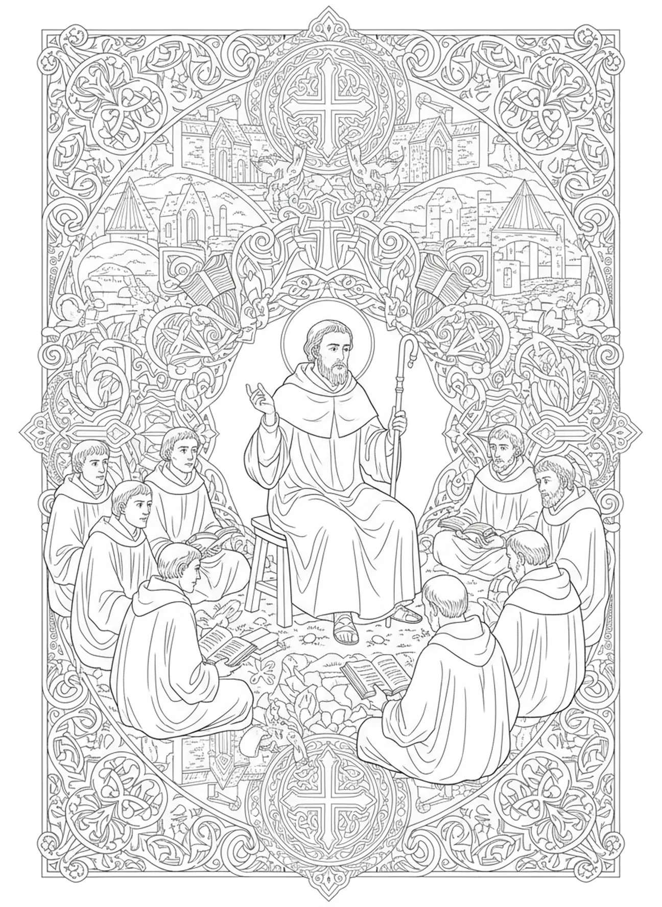 Saint Colombe enseignant, page à colorier Saint Colombe pour adultes dans le style du journal biblique