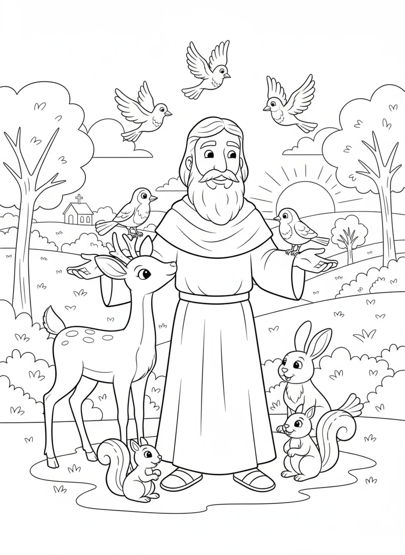 San Columba con animales amigables, página para colorear de San Columba para niños de 5 a 10 años