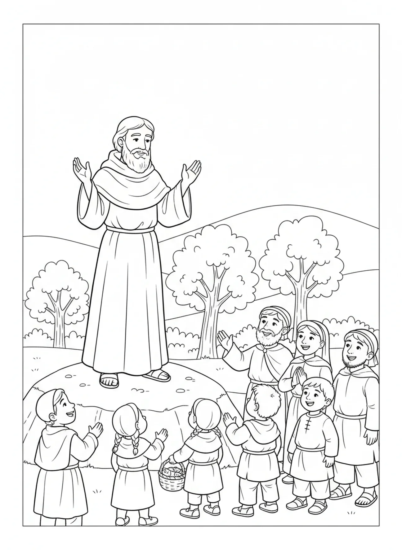 San Columba bendiciendo a aldeanos sonrientes, página para colorear de San Columba para niños de 5 a 10 años