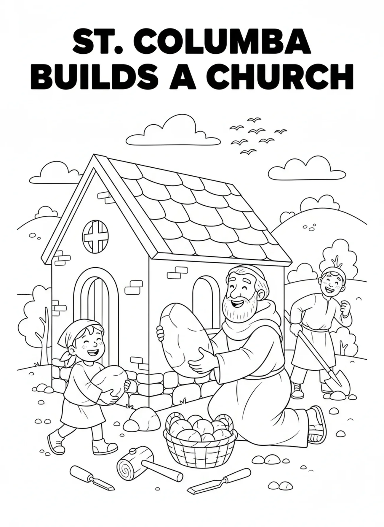 San Columba construyendo una iglesia, página para colorear de San Columba para niños de 5 a 10 años