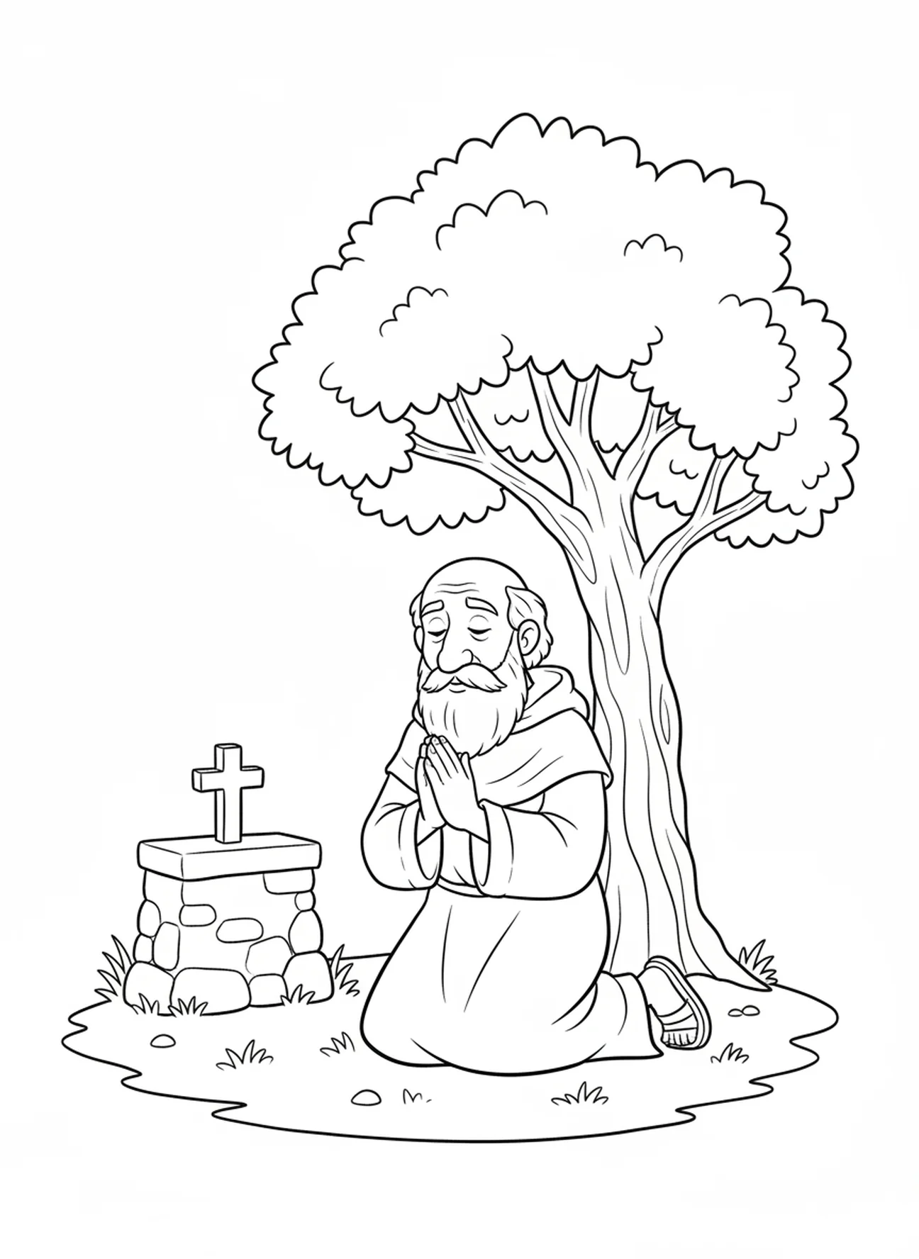 San Columba arrodillado en oración, página para colorear de San Columba para niños de 5 a 10 años