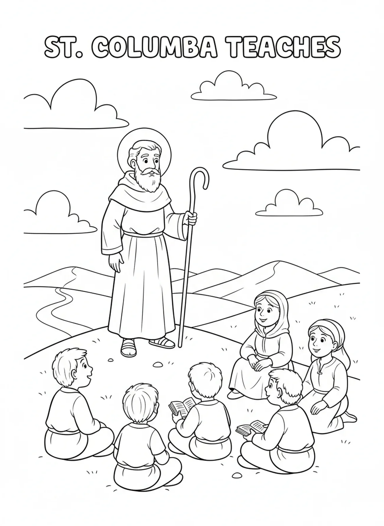 San Columba enseñando a los aldeanos, página para colorear de San Columba para niños de 5 a 10 años