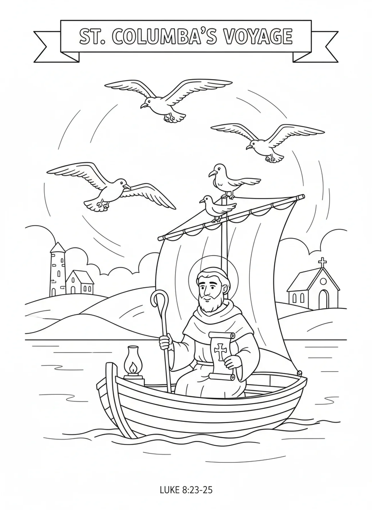 Saint Colombe naviguant dans un bateau, page à colorier de Saint Colombe pour les enfants de l'École du dimanche âgés de 5 à 12 ans