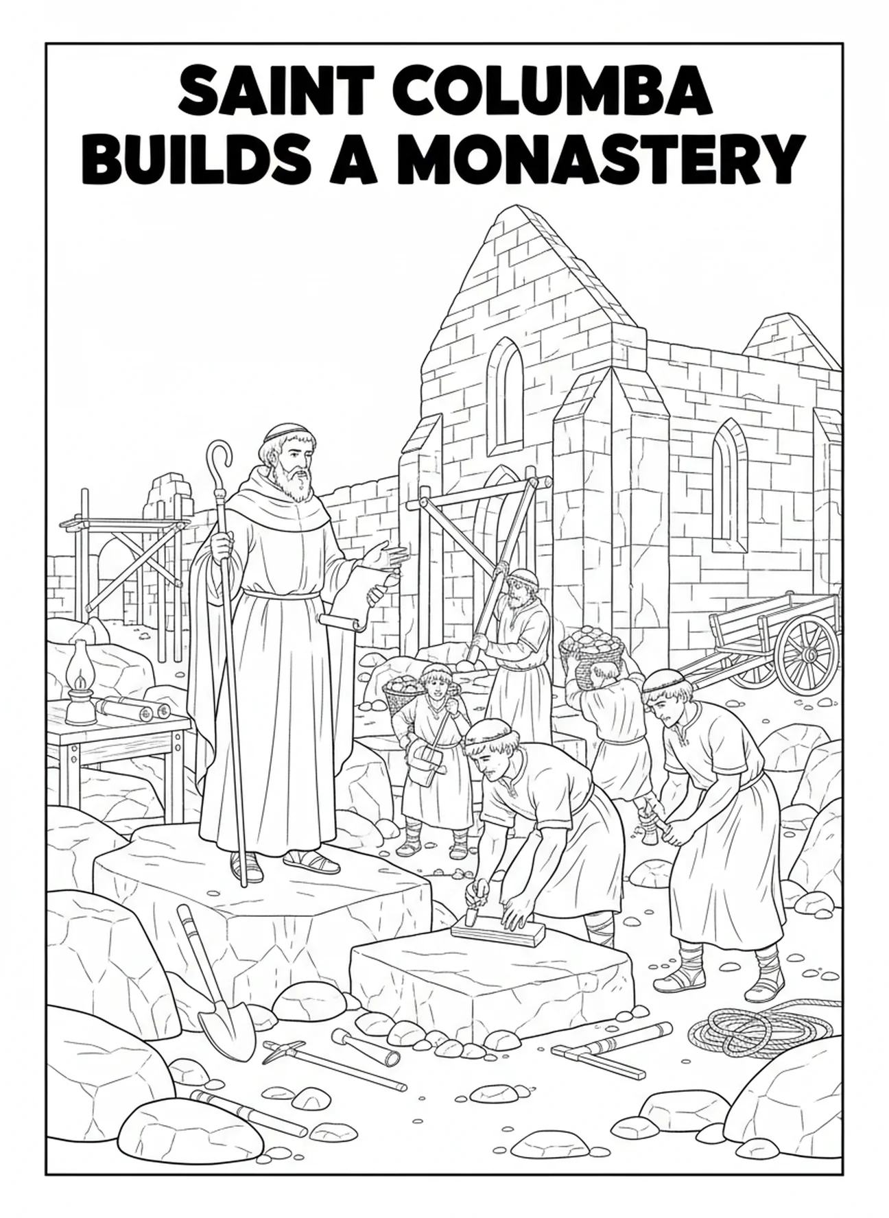 Saint Colombe dirigeant des ouvriers, page à colorier de Saint Colombe pour les enfants de l'École du dimanche âgés de 5 à 12 ans