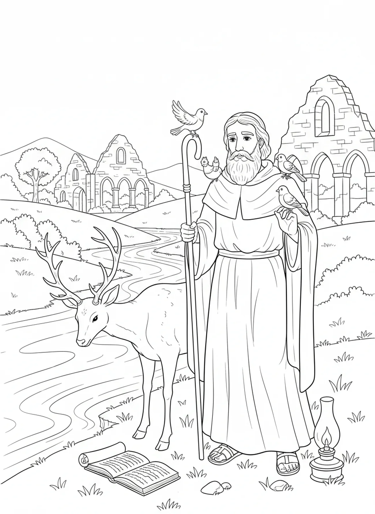 Saint Colombe rencontrant des animaux, page à colorier Saint Colombe pour les enfants de l'École du dimanche âgés de 5 à 12 ans