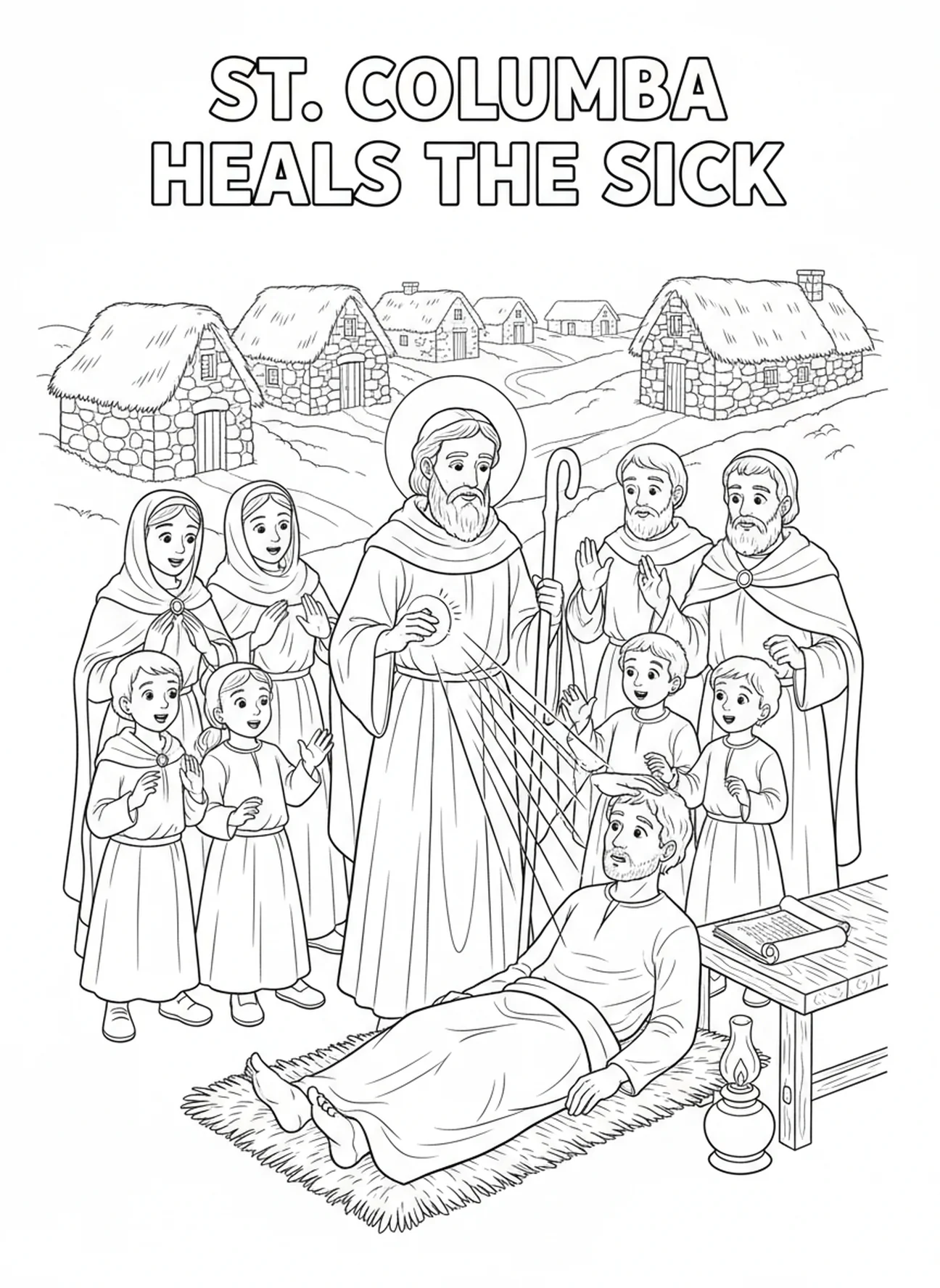 Saint Colombe guérissant un villageois, page à colorier Saint Colombe pour les enfants de l'École du dimanche âgés de 5 à 12 ans