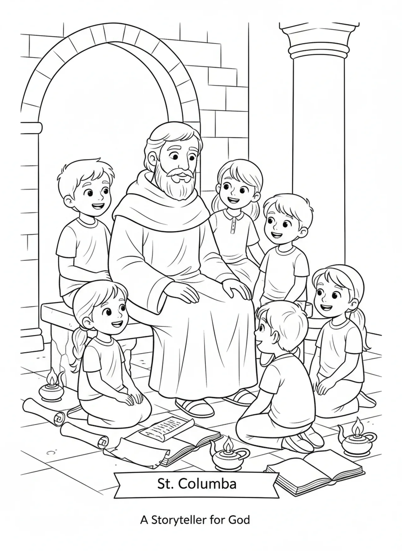 Saint Colombe enseignant aux enfants, page à colorier Saint Colombe pour l'École du dimanche enfants de 5 à 12 ans