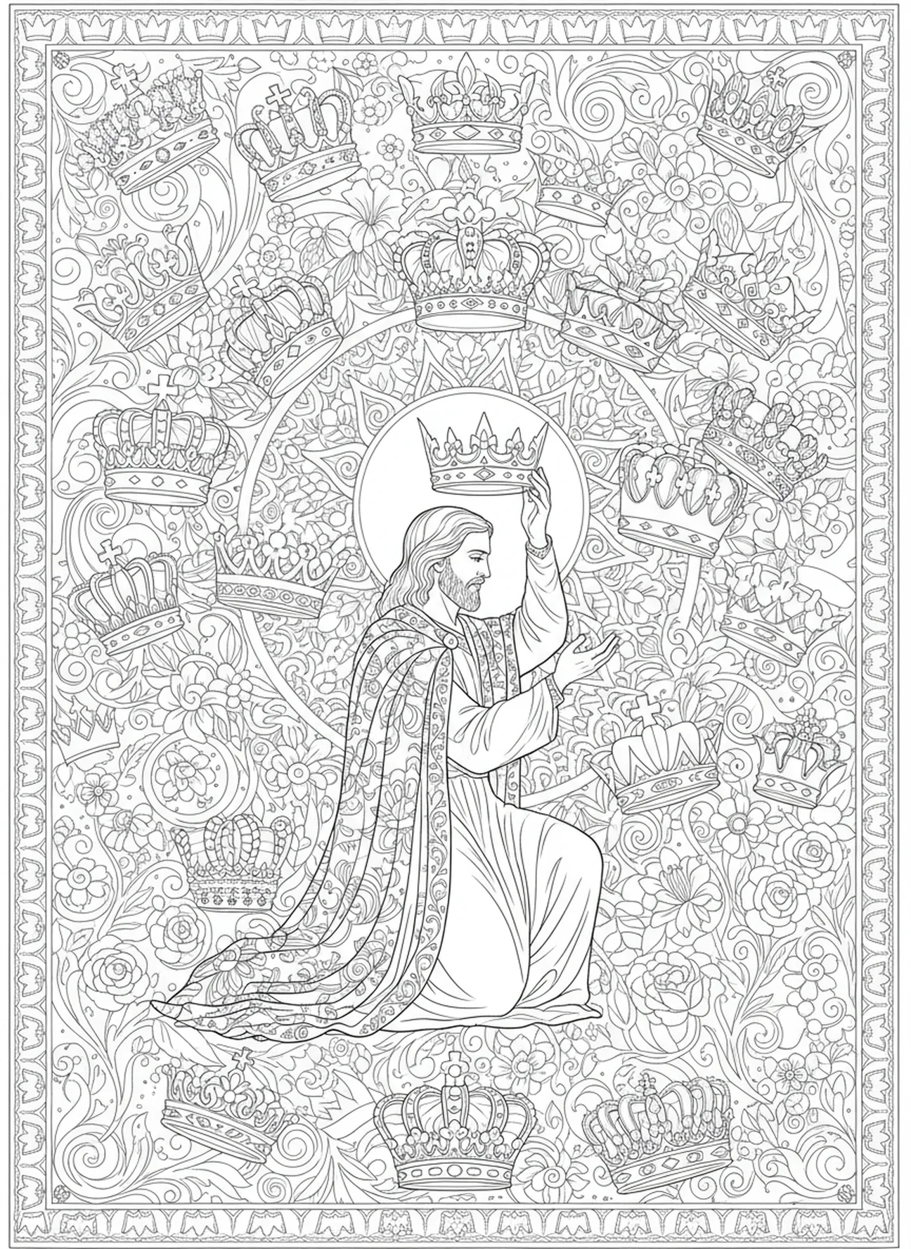 David couronné roi, page à colorier de Saint David du Pays de Galles pour le journal biblique, style adulte