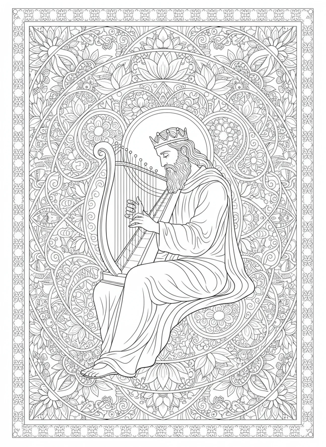 David avec une harpe, page à colorier de Saint David du Pays de Galles pour adultes dans un style de journal biblique