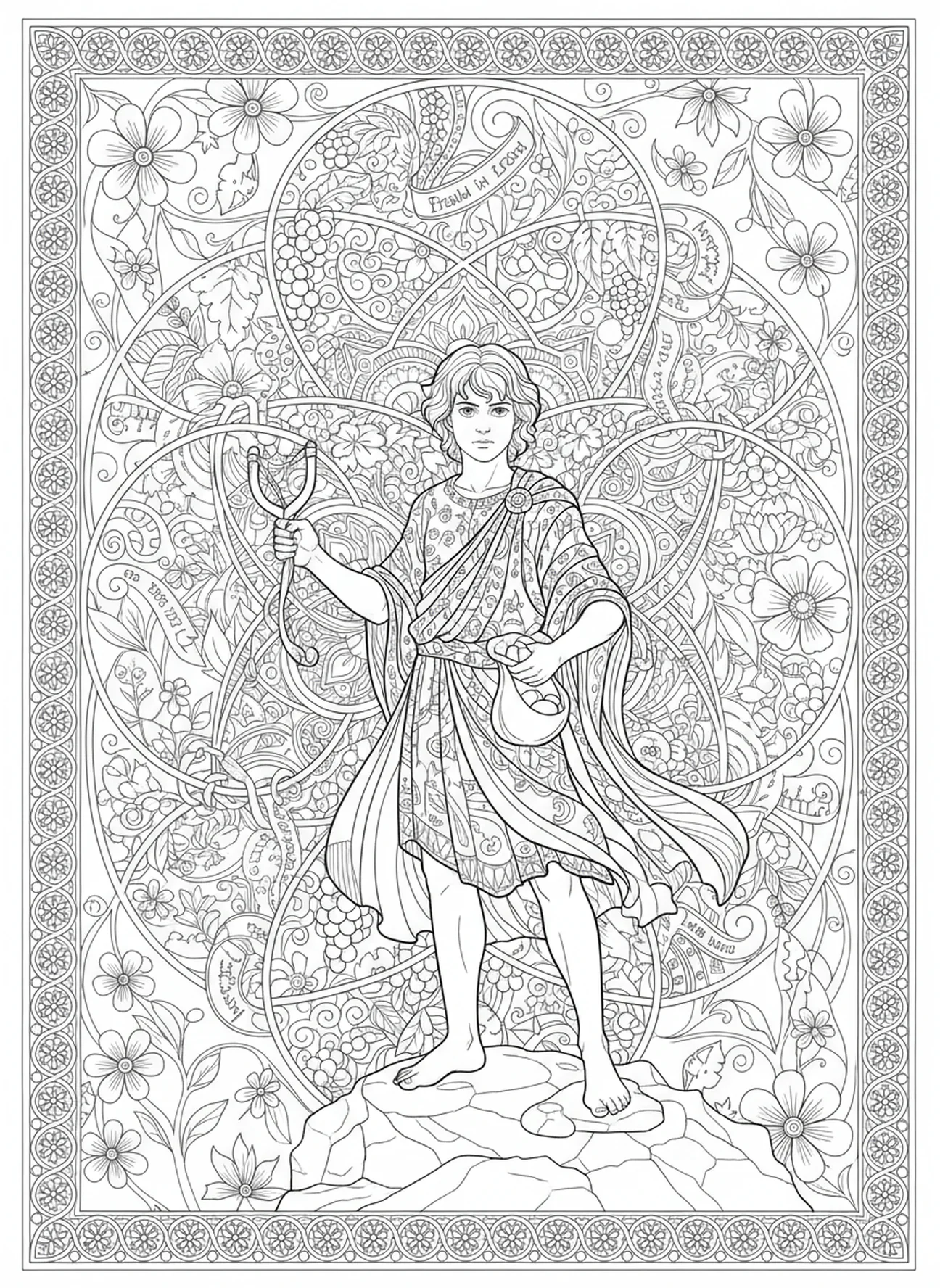 David avec sa fronde et des pierres, page à colorier de Saint David du Pays de Galles pour le journal biblique