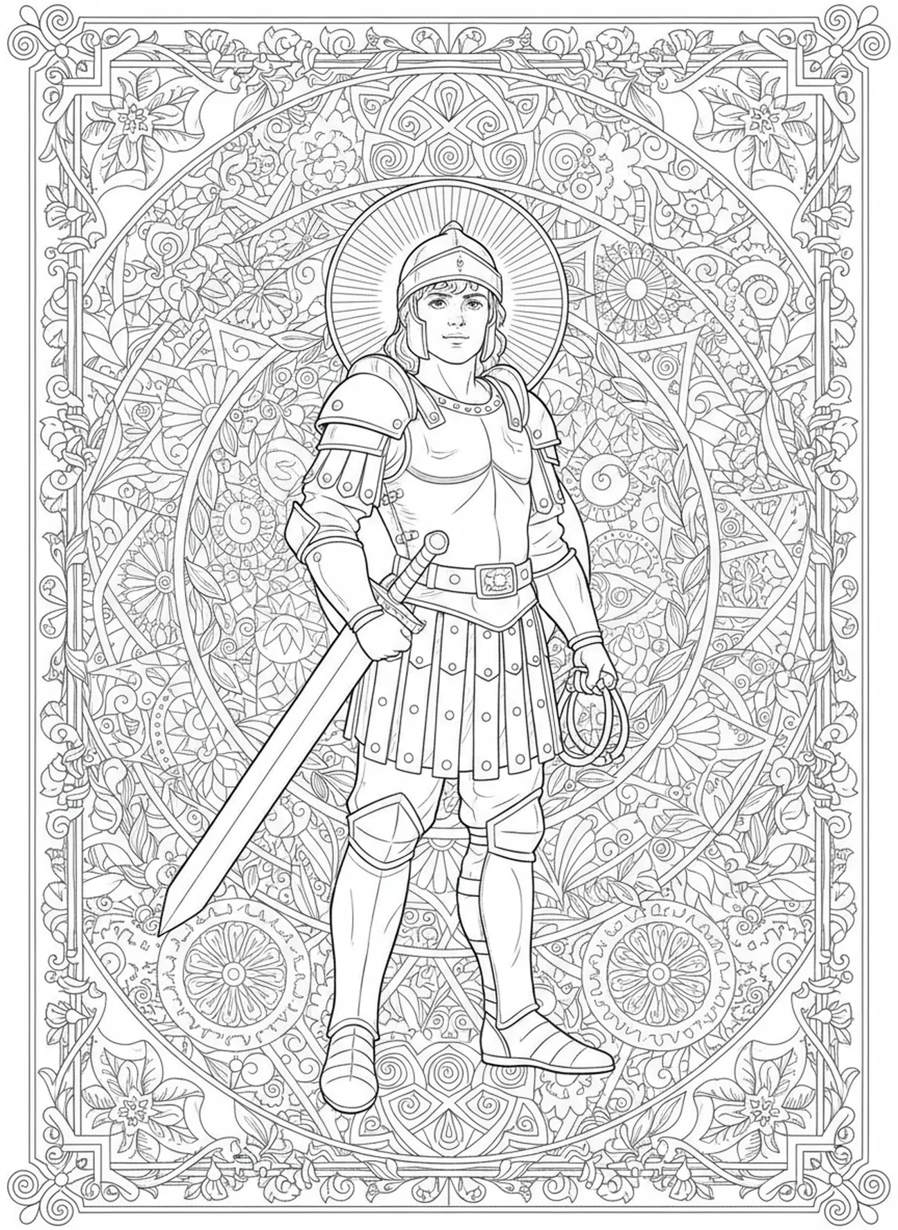 David dans l'armure de Goliath, page à colorier de Saint David du Pays de Galles pour adultes dans un style de journal biblique