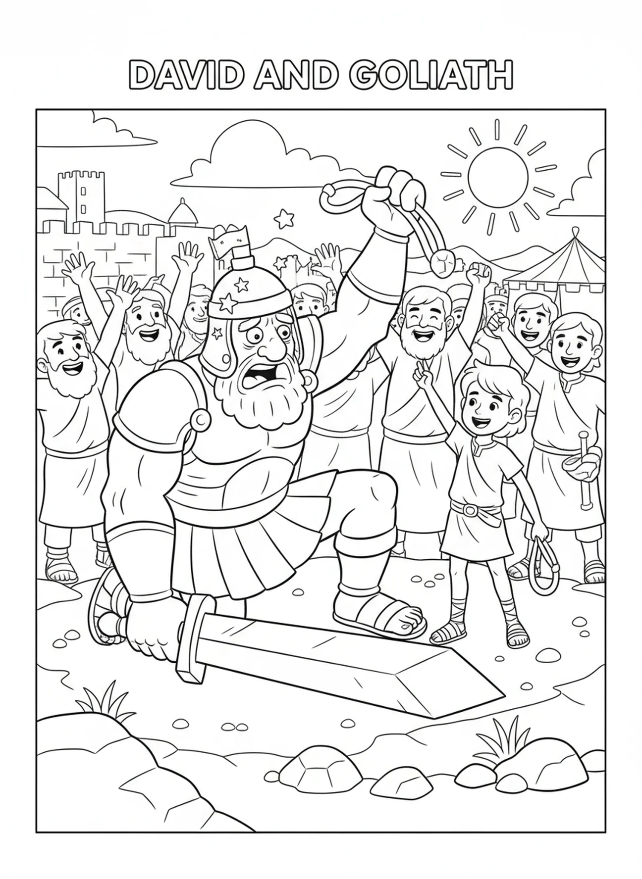Golias caindo, página para colorir de São Davi de Gales para crianças de 5 a 10 anos