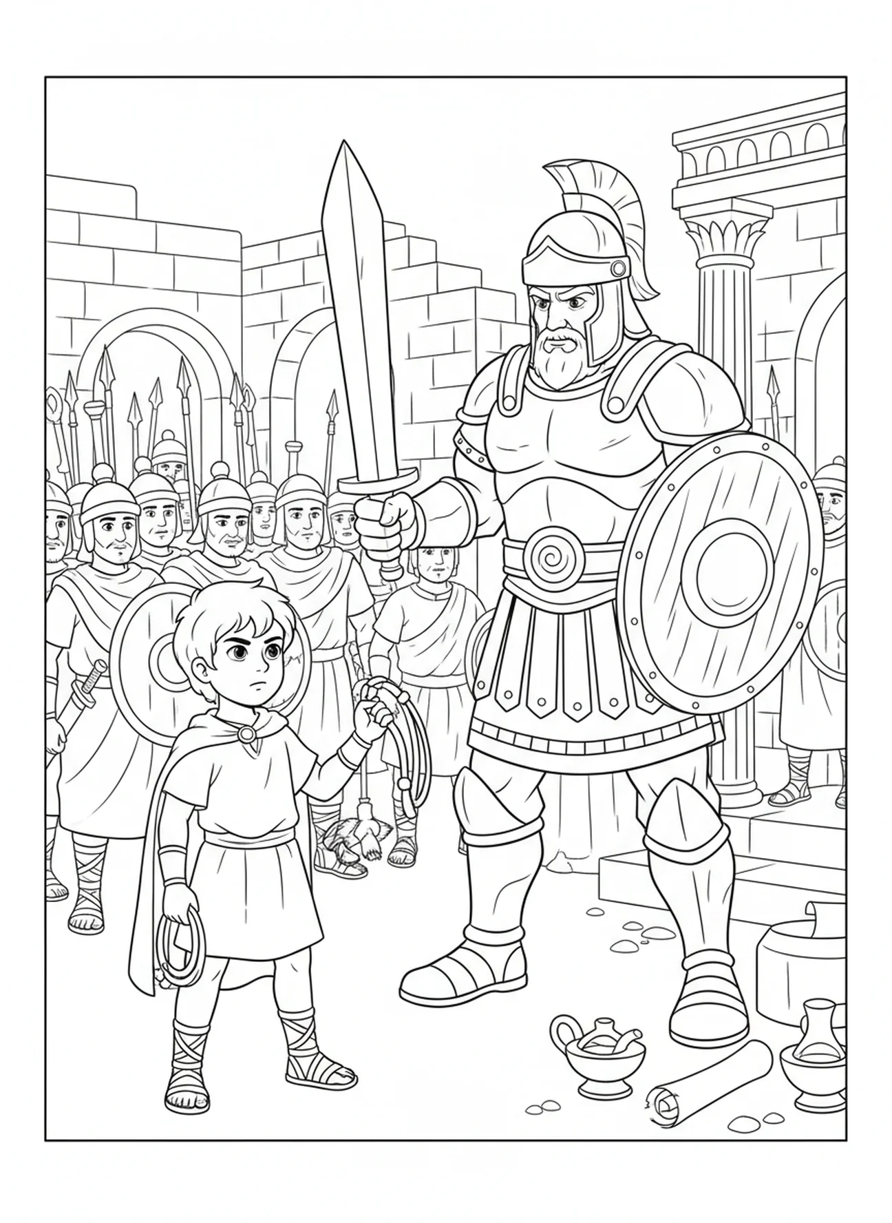 Davi enfrentando Golias, página para colorir de São Davi de Gales para crianças da Escola Dominical de 5 a 12 anos.