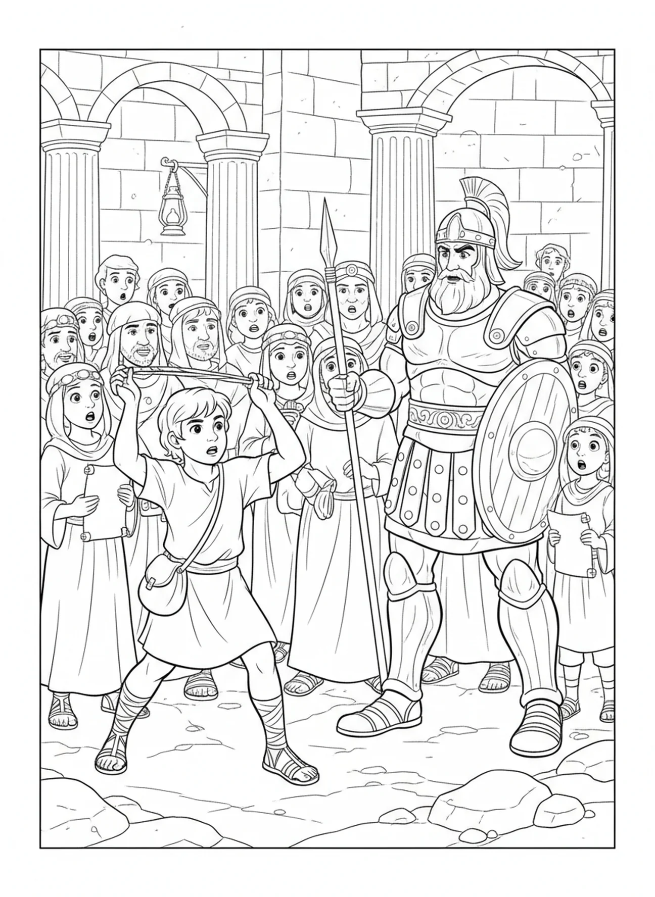 Davi balançando sua funda, página de colorir de São Davi de Gales para crianças da Escola Dominical de 5 a 12 anos.