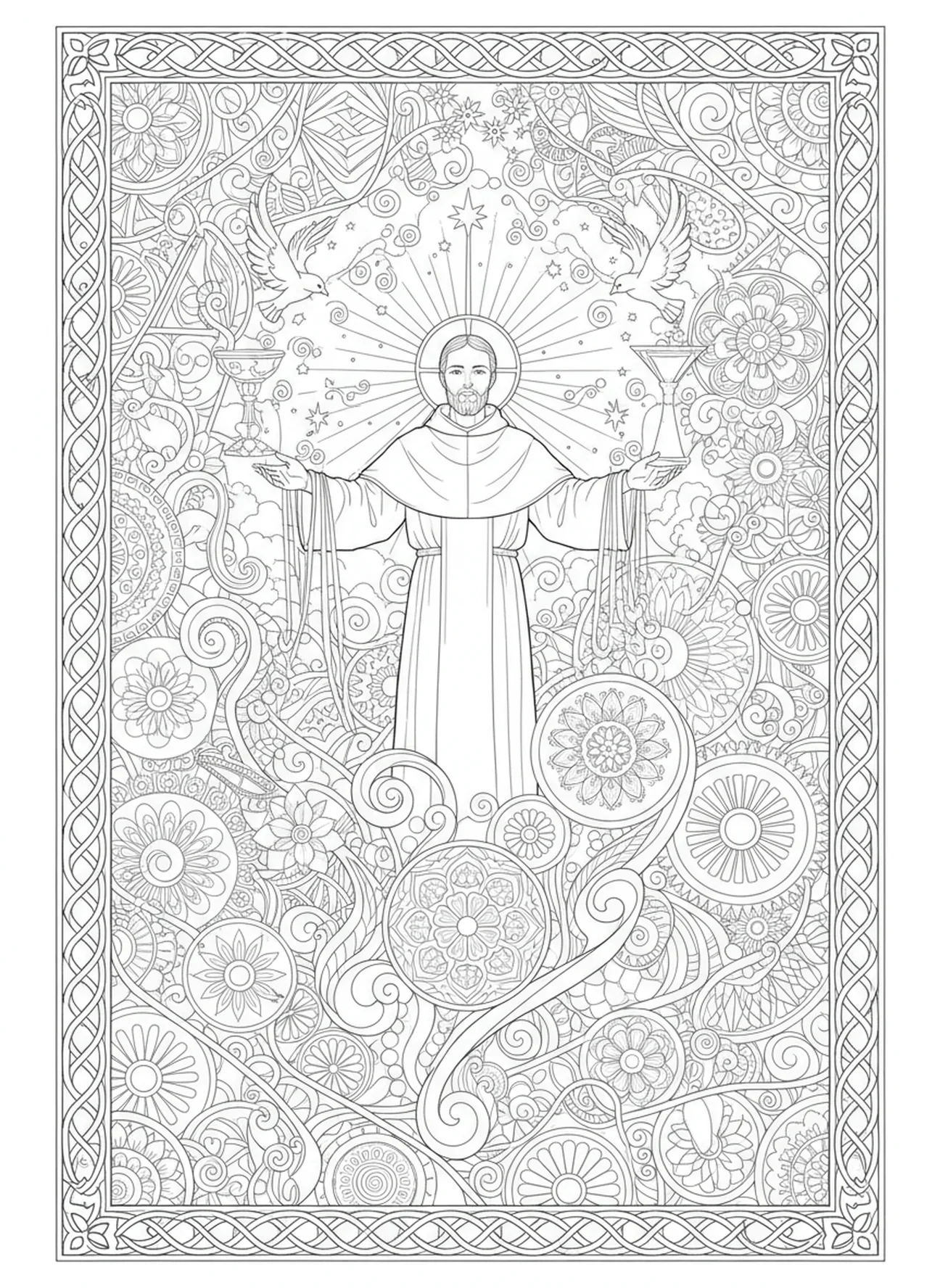 São Domingos realizando milagres, página para colorir de São Domingos no estilo de journaling bíblico para adultos