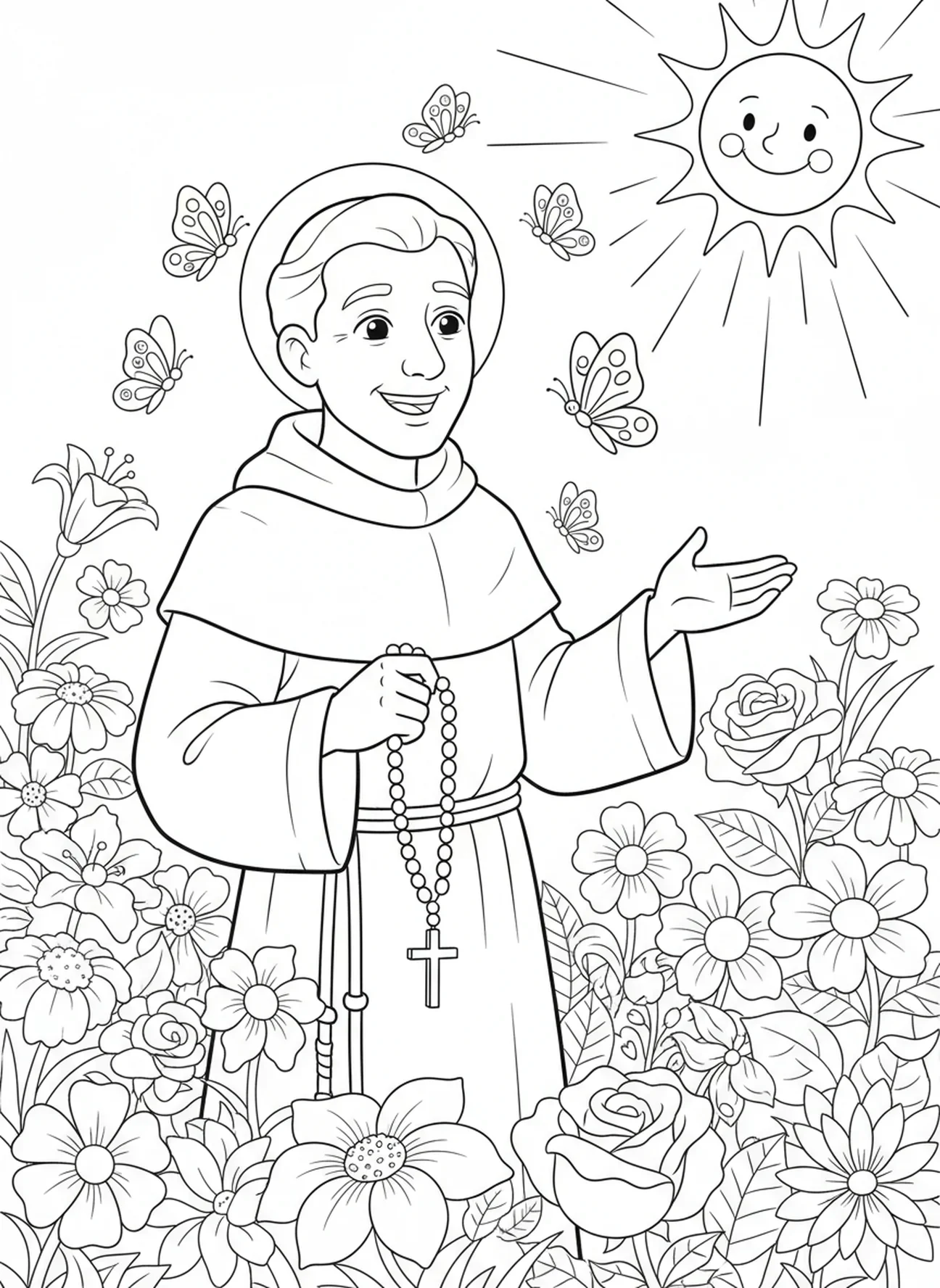 São Domingos com o rosário, página para colorir de São Domingos para crianças de 5 a 10 anos